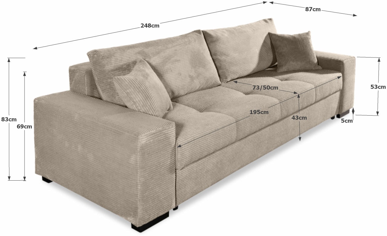 COLLECTION AB Schlafsofa »Kreta, B: 248 cm, Liegefl. 137x195 cm« Bettfunktion, Bettkasten & 2 Zierkissen, optional mit Topper