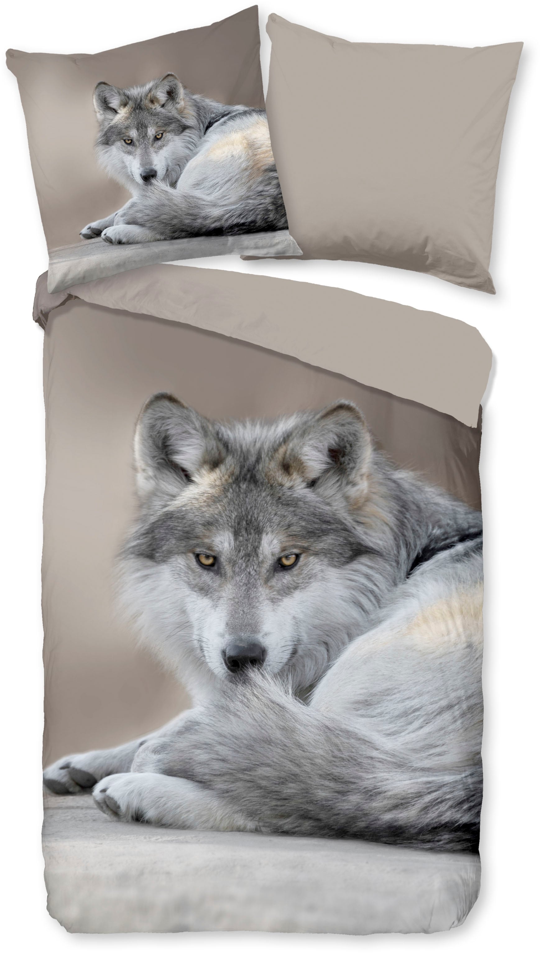 PURE luxury collection Wendebettwäsche »Sharp Wolf«, Mikrofaser, 135x200, Pflegeleicht Reißverschluss, Wende, Wolf, Taupe
