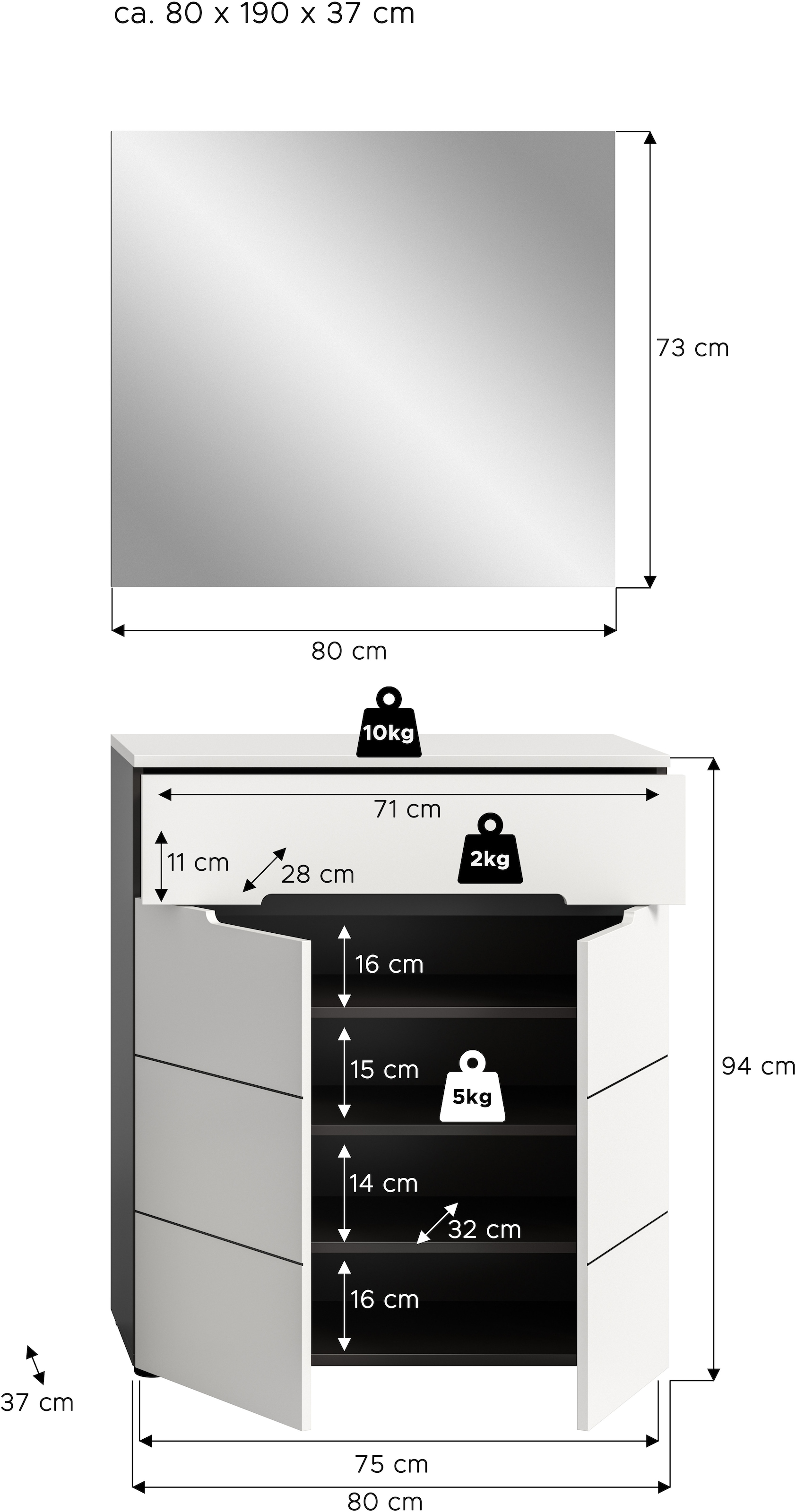 Home affaire Garderoben-Set »REHAT, TOPSELLER!, 2-teilig, Breite 80cm, individuell erweiterbar« bestehend aus: Garderobenspiegel und Schuhkommode, 2 Stk. tlg.
