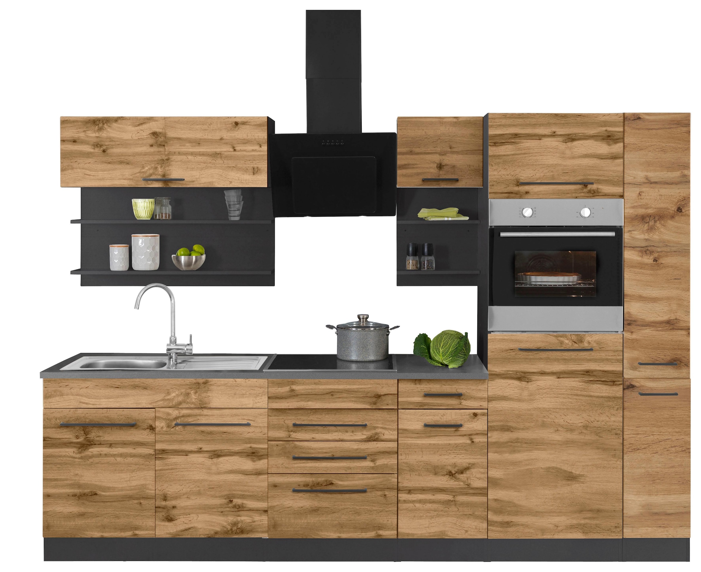 KOCHSTATION Küchenzeile »KS-Tulsa« ohne E-Geräte, Breite 300 cm, schwarze Metallgriffe, MDF Fronten