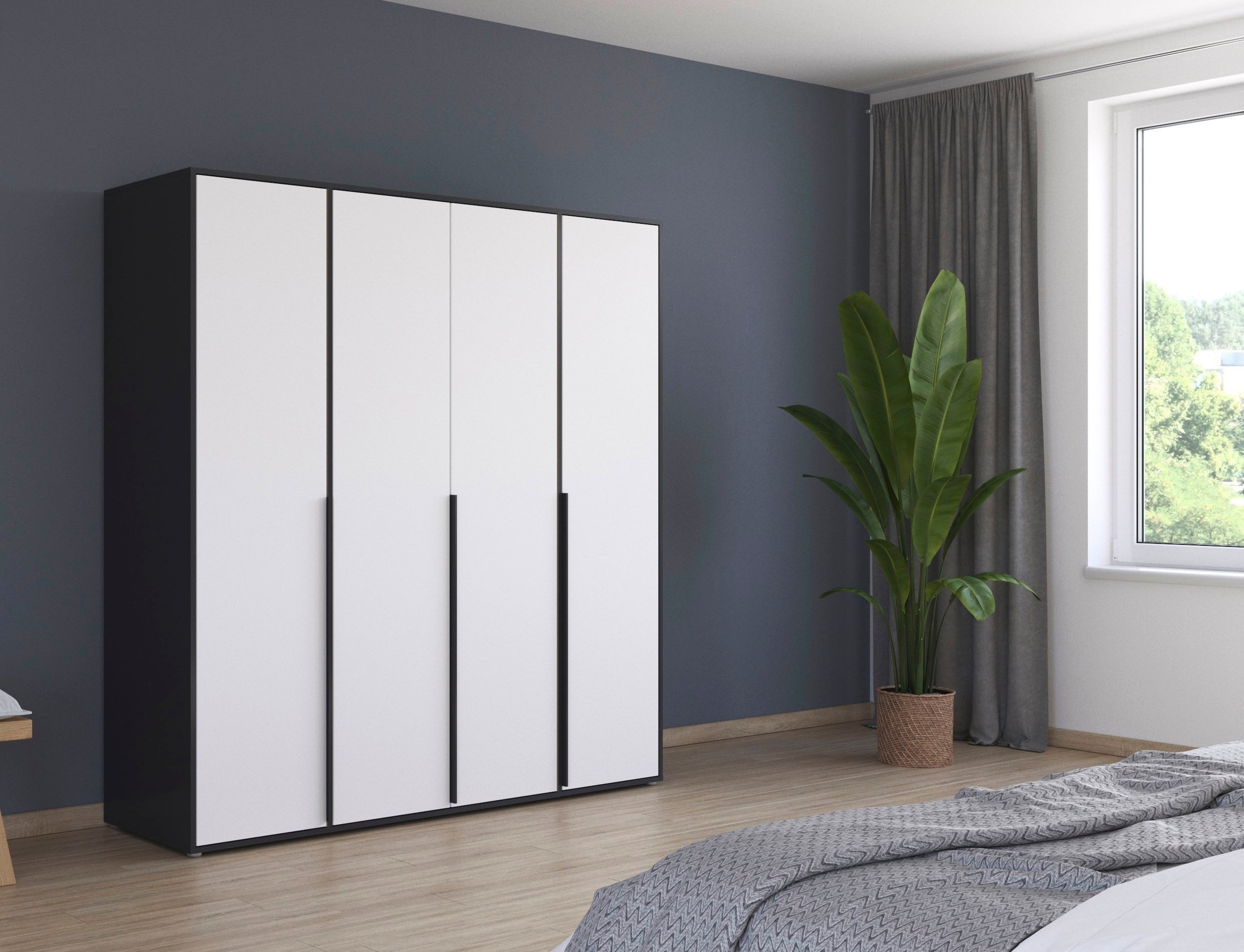 rauch Drehtürenschrank »Kleiderschrank Schrank Garderobe Wäscheschrank NAGATA viel Stauraum«, (in 3 verschiedenen Ausstattungen BASIC/CLASSIC/PREMIUM), mit modernen Stangengriffen in Graumetallic TOPSELLER MADE IN GERMANY