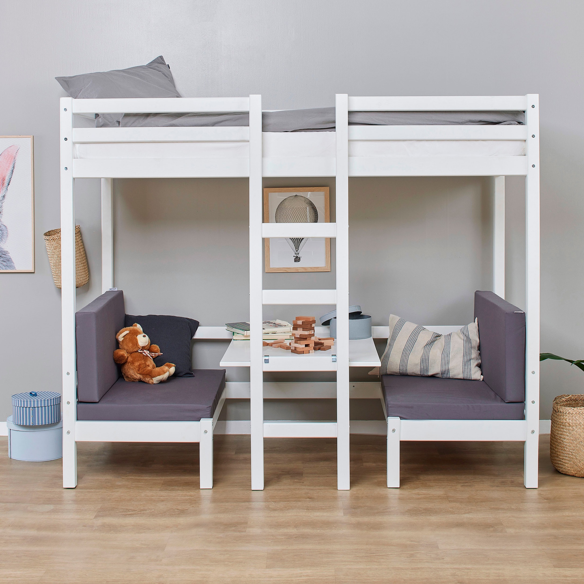 Hoppekids Hochbett »ECO Dream JUMBO Kinderbett mit Funktion - Praktisch & flexibel, 90x200« Unteres Bett nutzbar als Bett oder Sitzgruppe. Matratzen in Antrazit.