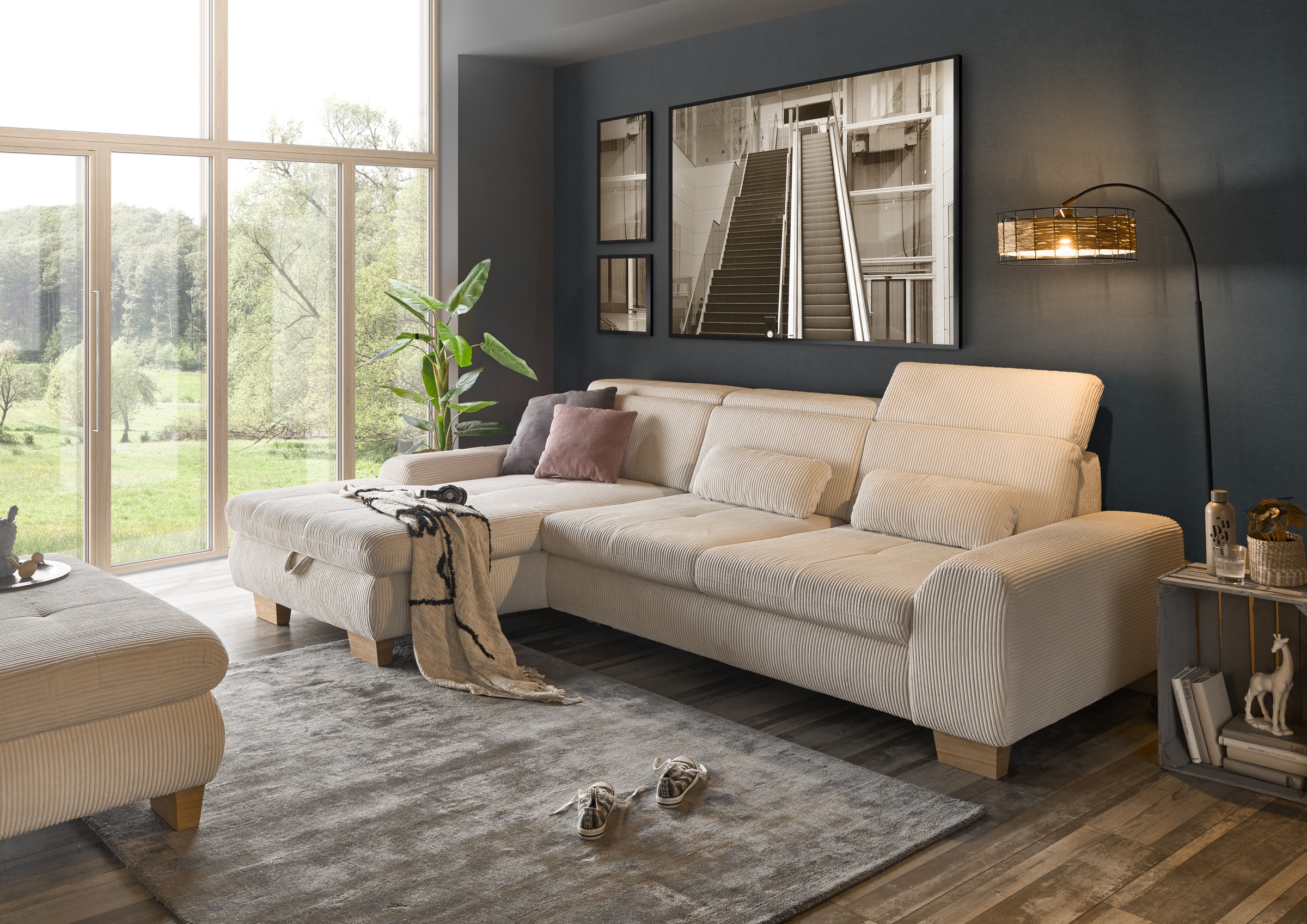 set one by Musterring Ecksofa »SO 3400 Sitzhöhe 47cm oder 49cm, Sitztiefe verstellbar, B/T: 307/195cm«, whlw. mit Funktion, Kaltschaum, in Cord, natur, Sitzhöhe 47