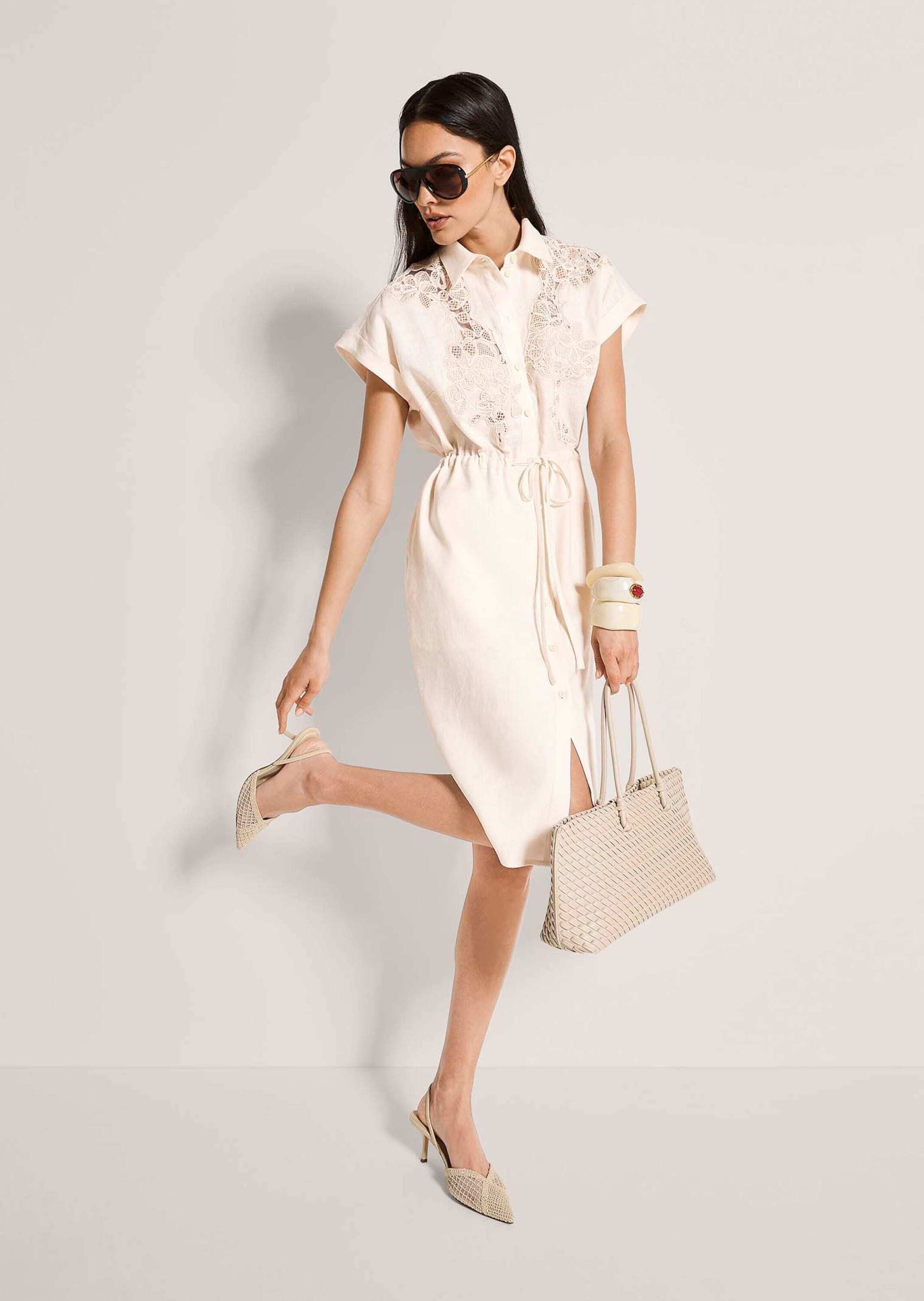 MADELEINE Sommerkleid »Hemdkleid Leinenkleid mit Spitzendetails« Nahttasche Hemdbluse mit Tunnelzug mit Bindeband in der Taillie