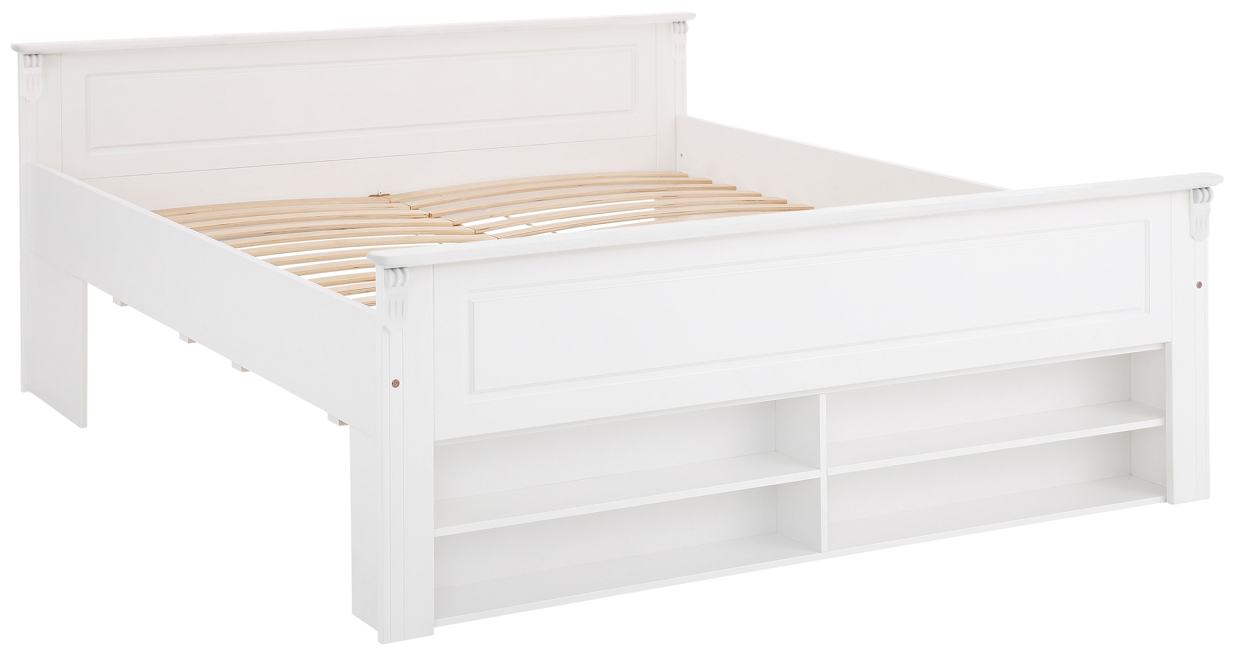 Home affaire Massivholzbett »Tessin, Stauraumbett, Landhausstil, Schubladen optional, rustikal«, (Breite/Belastbarkeit 180cm/220 KG, 140cm/180 KG), zertifizierte Kiefer, Kassetten-Optik, stabile Qualität