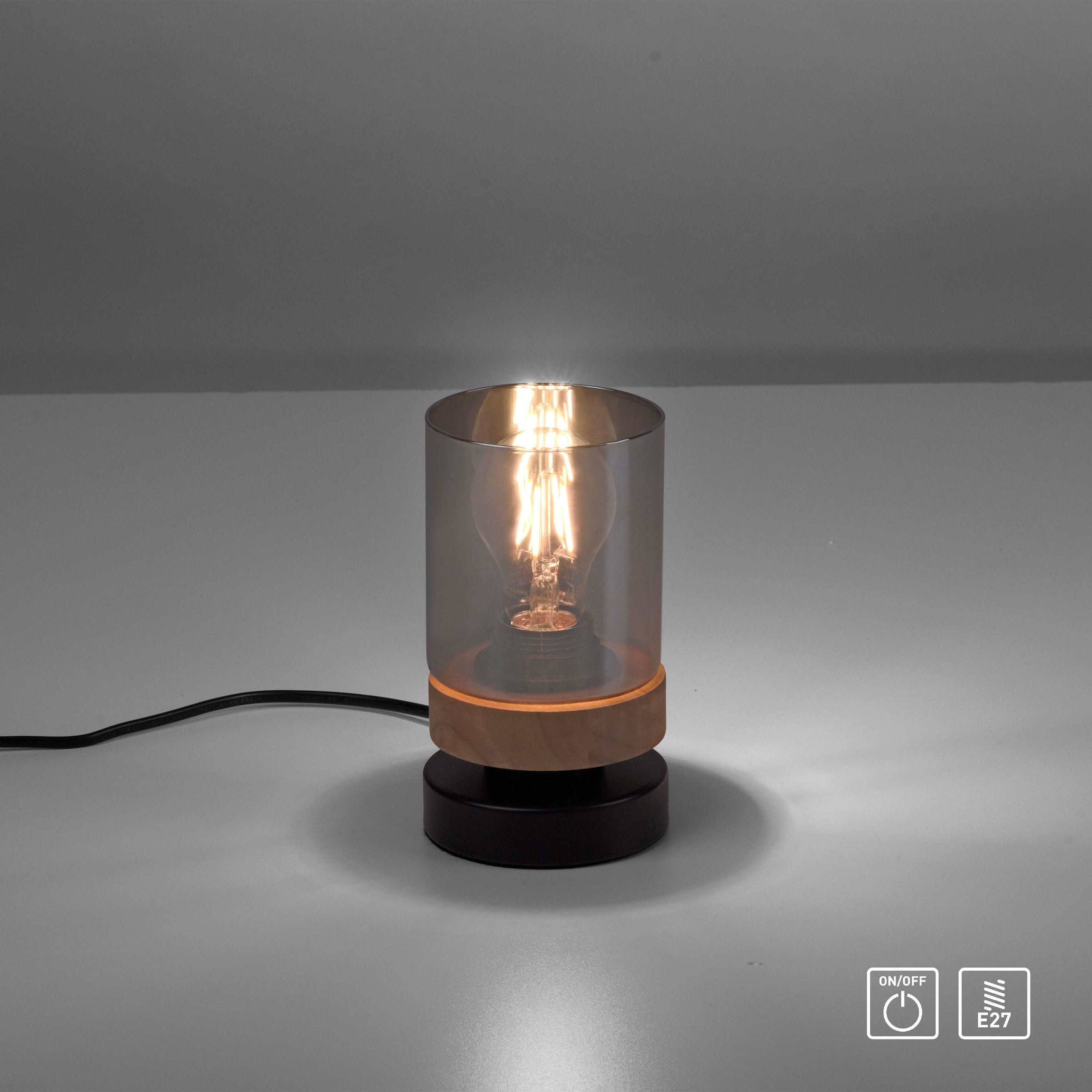 »Tendon«, Home E27 Glas, online XXL Tischleuchte 1 3 Jahren mit geeignet Tischlampe, Rauchglas, Holz, affaire Garantie Leuchtmittel | flammig-flammig, - für kaufen