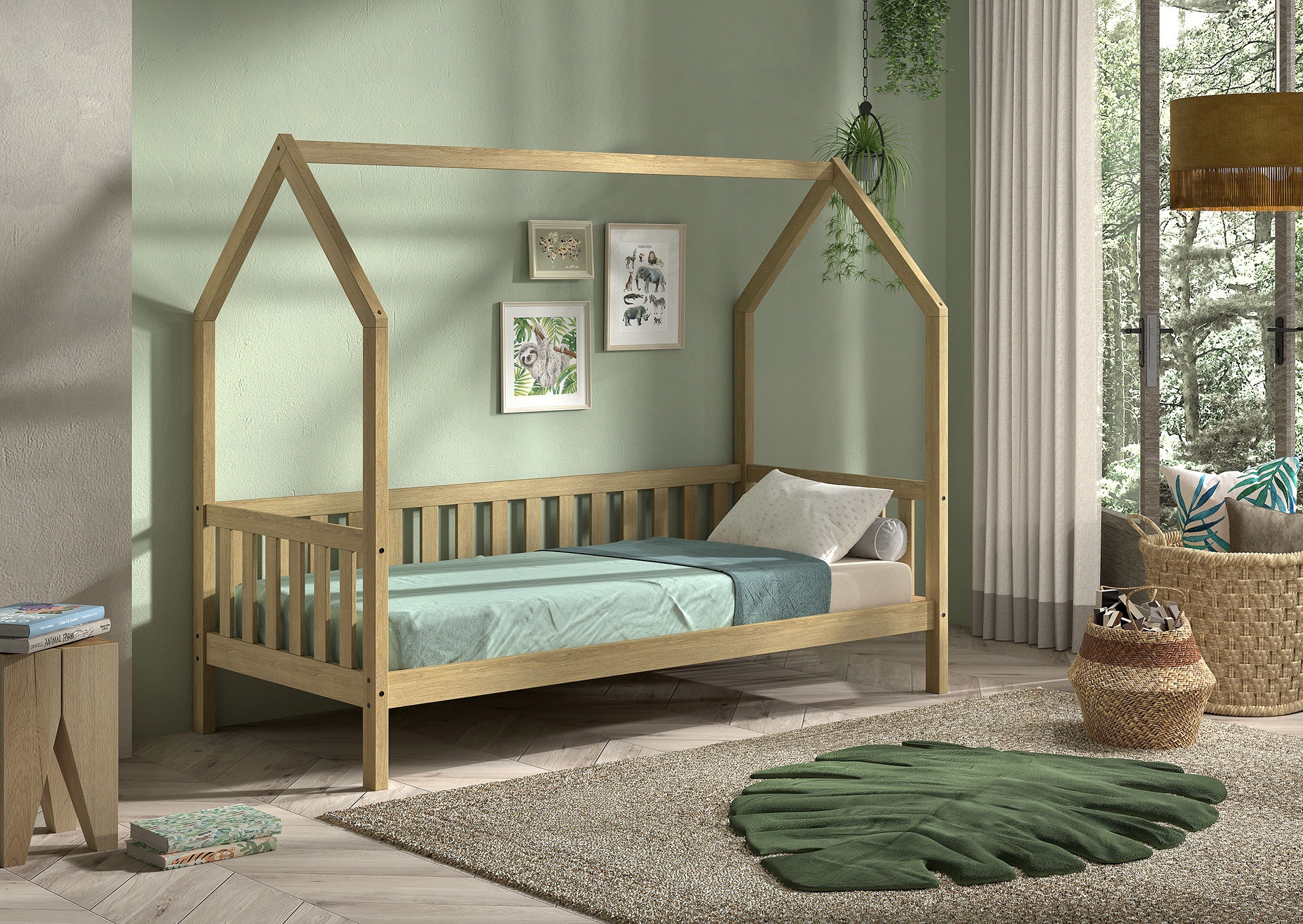 Vipack Hausbett »Cabane, mit Dachaufbau und Sprossenumrandung in Landhaus-Optik«, (B/H/T ca. 208x169x98 cm) aus massiver Eiche, Oberfläche Natur), sehr stabil und standfest gebaut inkl. Massivholz Rolllattenrost