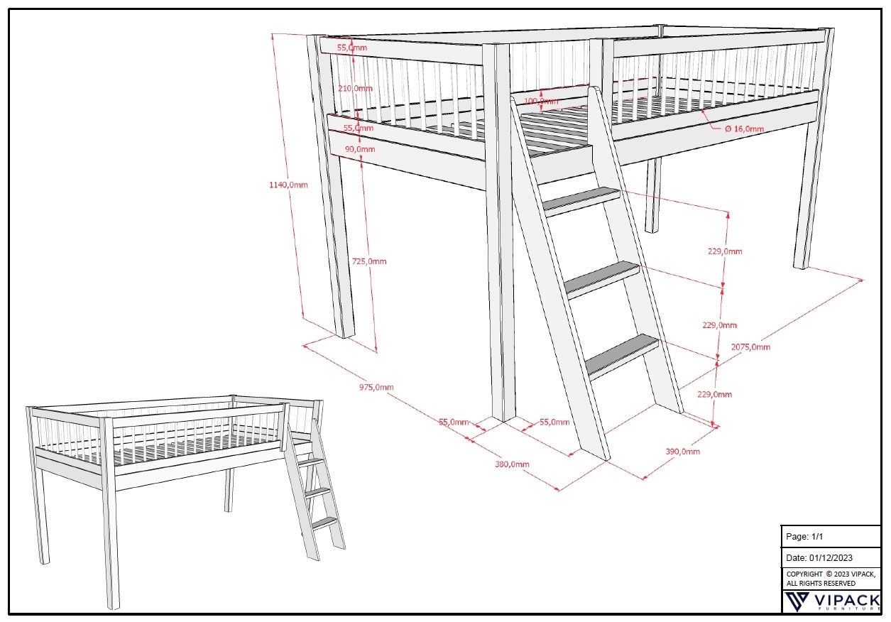 Home affaire Spielbett Made in Europe,  aus massiver Eiche geölt, LF 90x2000cm, RR, Leiter u. Absturzschutz