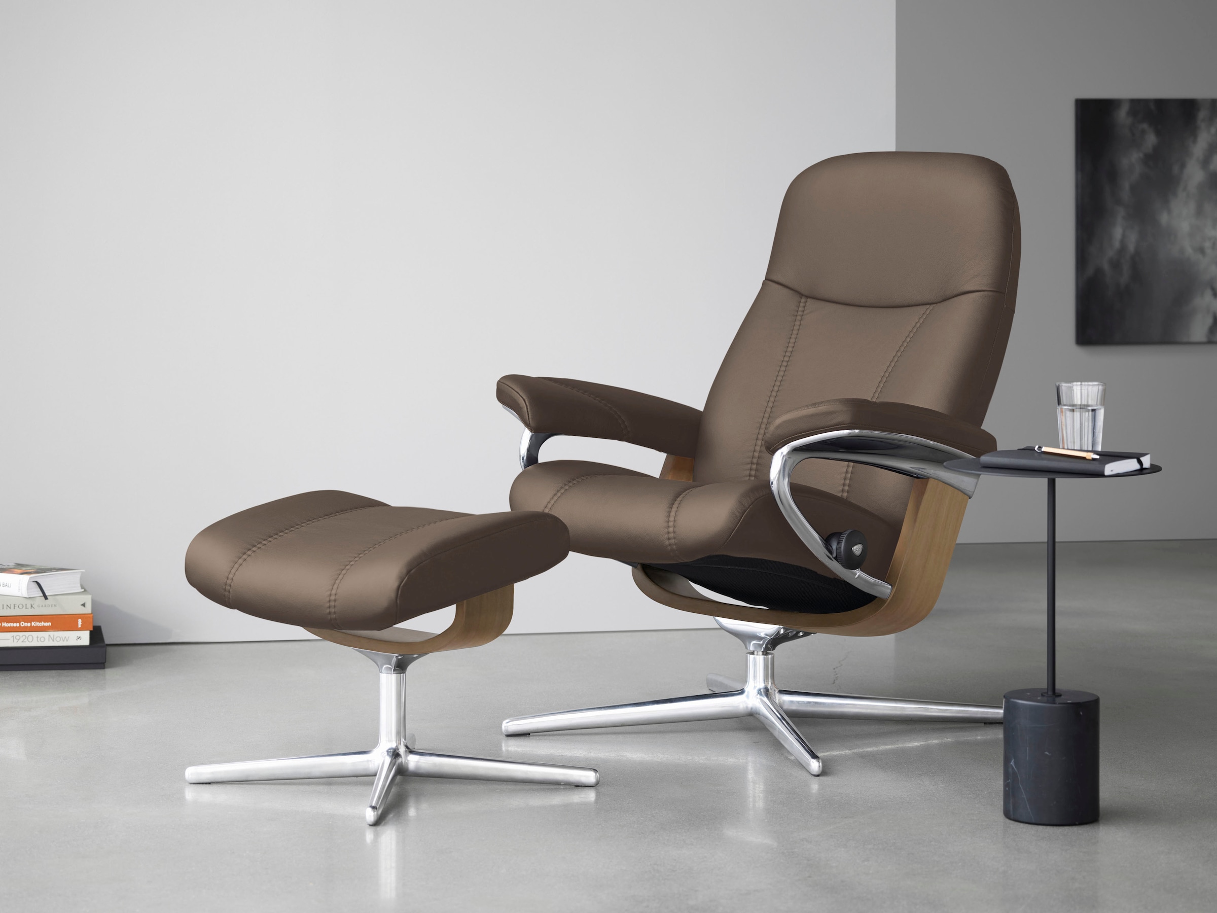 Stressless® Relaxsessel »Consul« Set, Relaxsessel mit Hocker,  mit Hocker, mit Cross Base, Größe S, M & L, Holzakzent Eiche