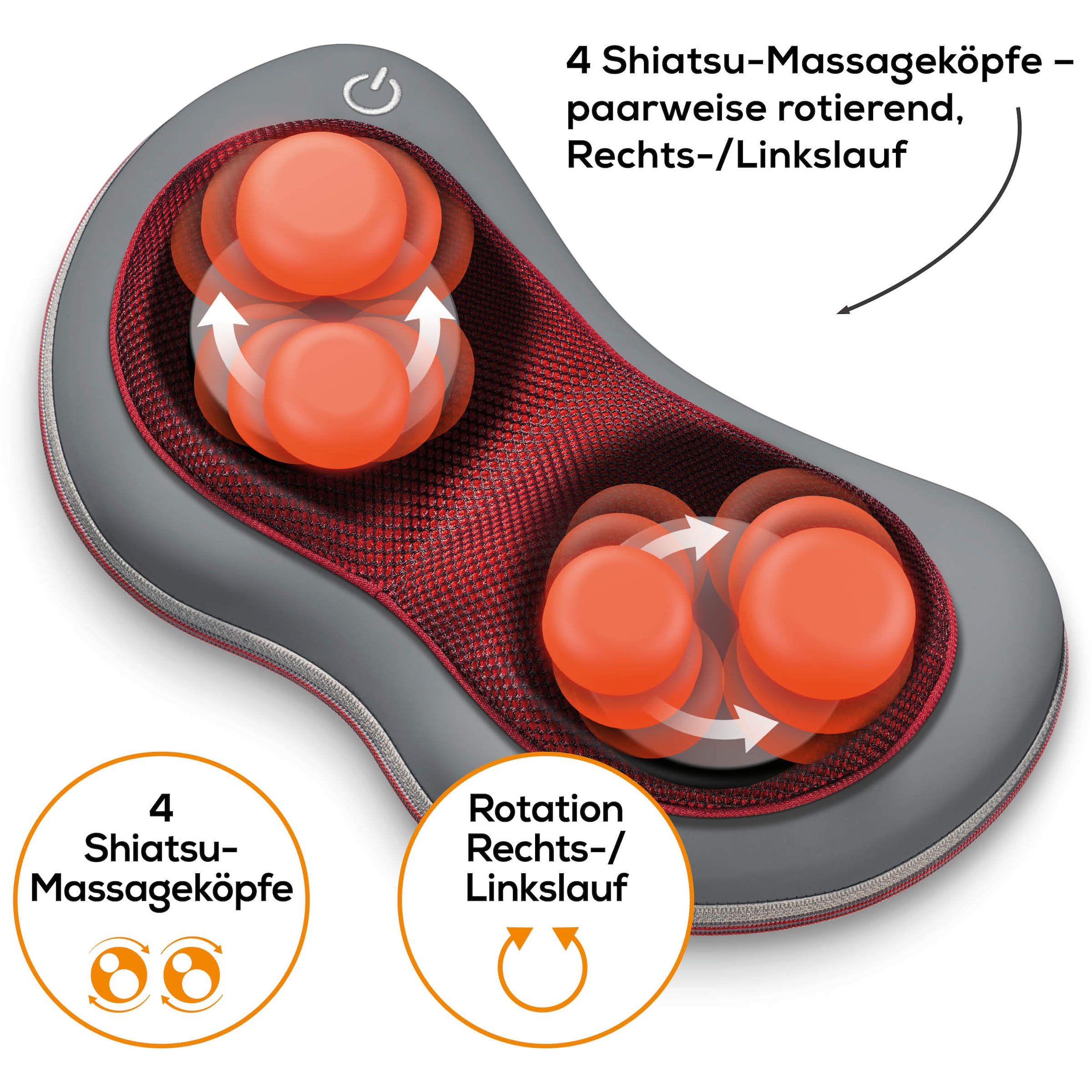 BEURER Shiatsu-Massagekissen »MG 149 für wohltuende Shiatsu-Massagen mit 4 Massageköpfen«, Mit Licht- und Wärmefunktion, waschbarer Bezug bei 30°C