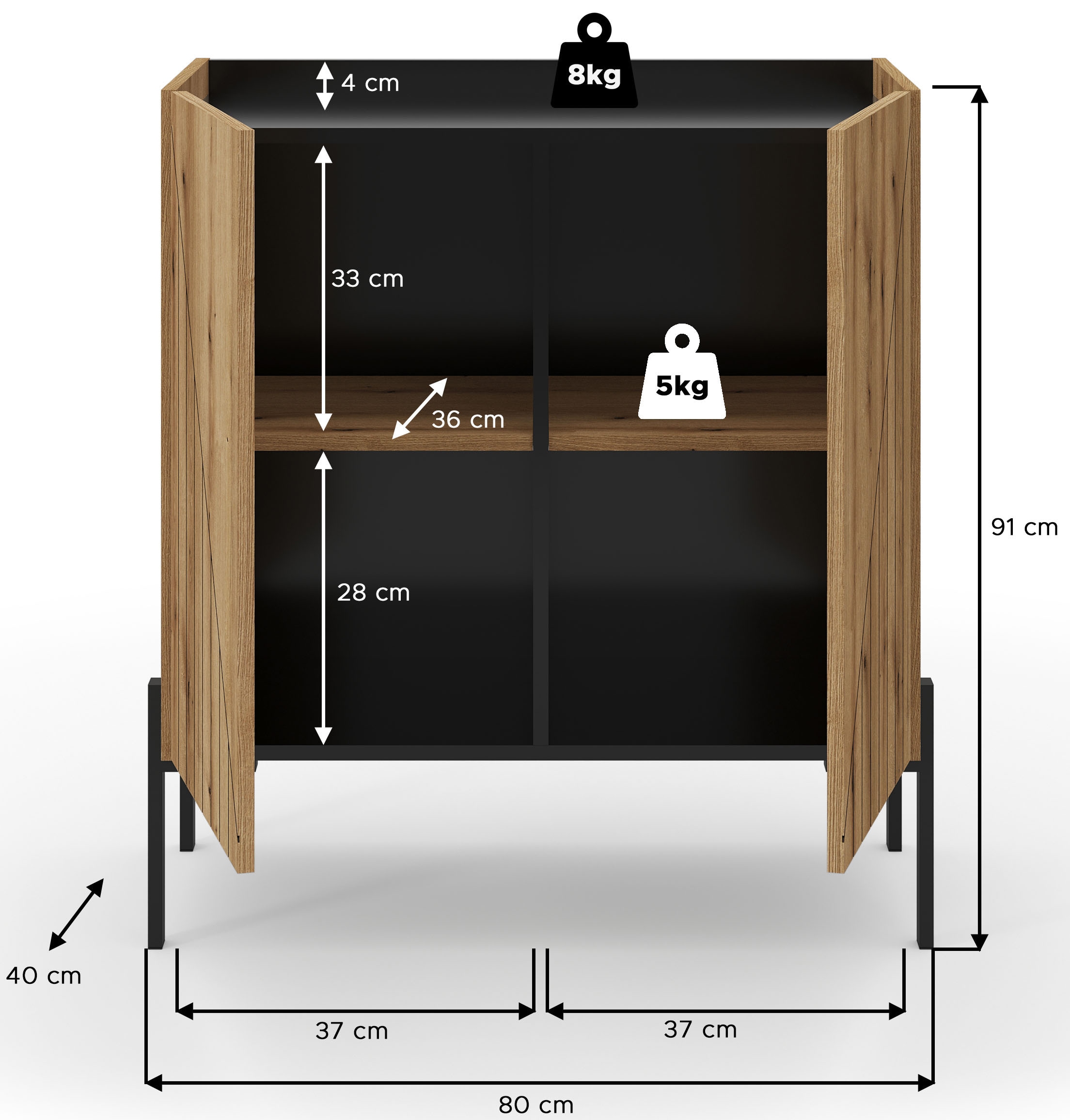 Home affaire Kommode »SNETT, Höhe: 91cm, mit Metall-Stabfüßen, 2 Türen, 2 Einlegeböden« Anrichte, Sideboard, Schrank, Board, Highboard