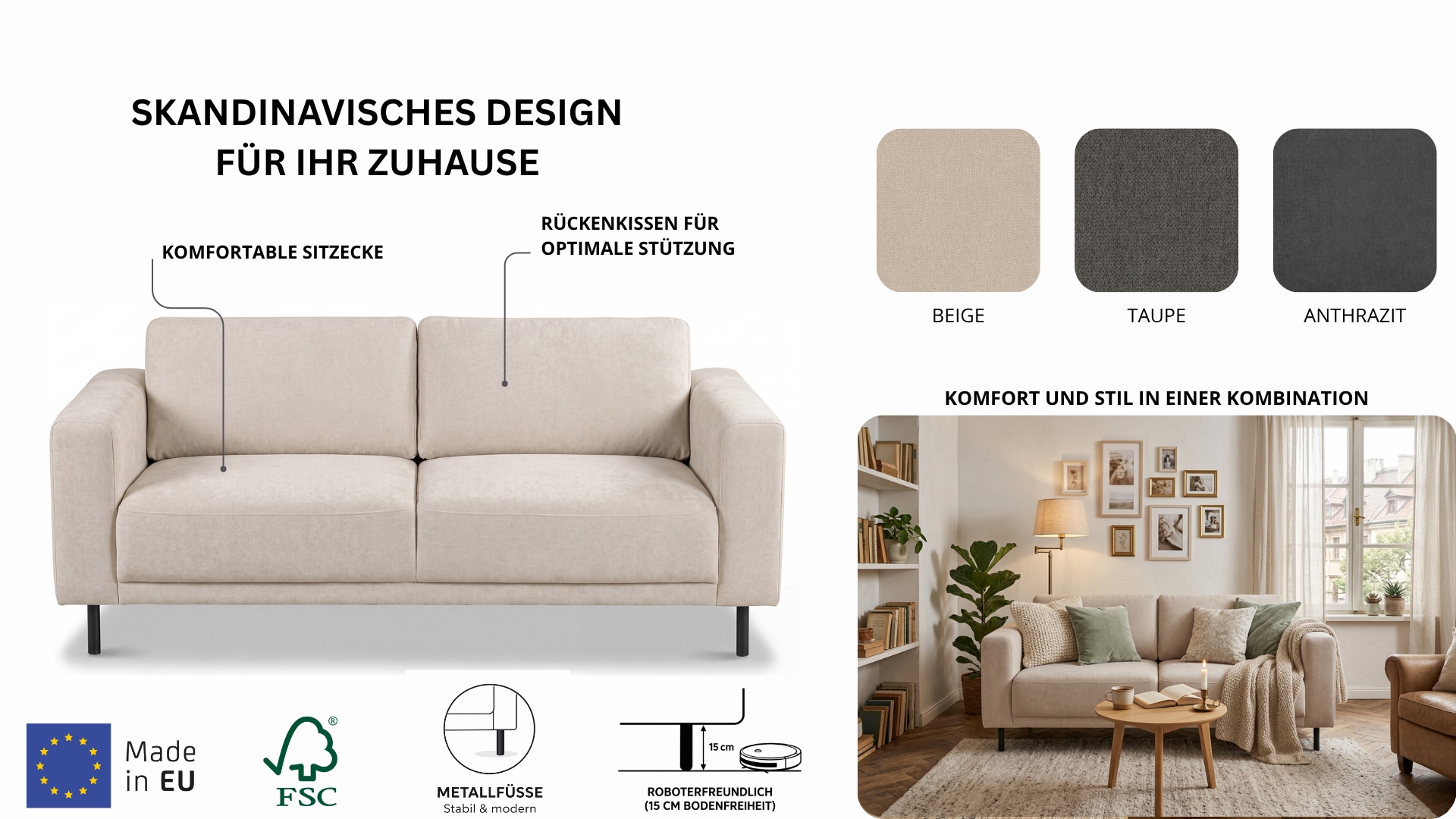 OTTO home 2,5-Sitzer »Sveeva, Kompaktsofa, B.183 cm, schwarze Metallfüße« langlebiger Strukturstoff, mit Wellenunterfederung, viele Farben