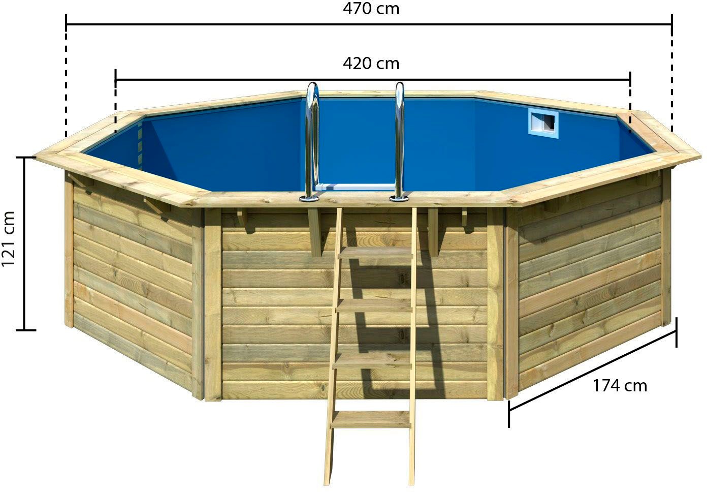 KONIFERA Achteckpool »Aruba 2X«, (Komplett-Set, 8 tlg.), kesseldruckimprägniert, mit Hülle, blau, Filteranlage, Skimmer