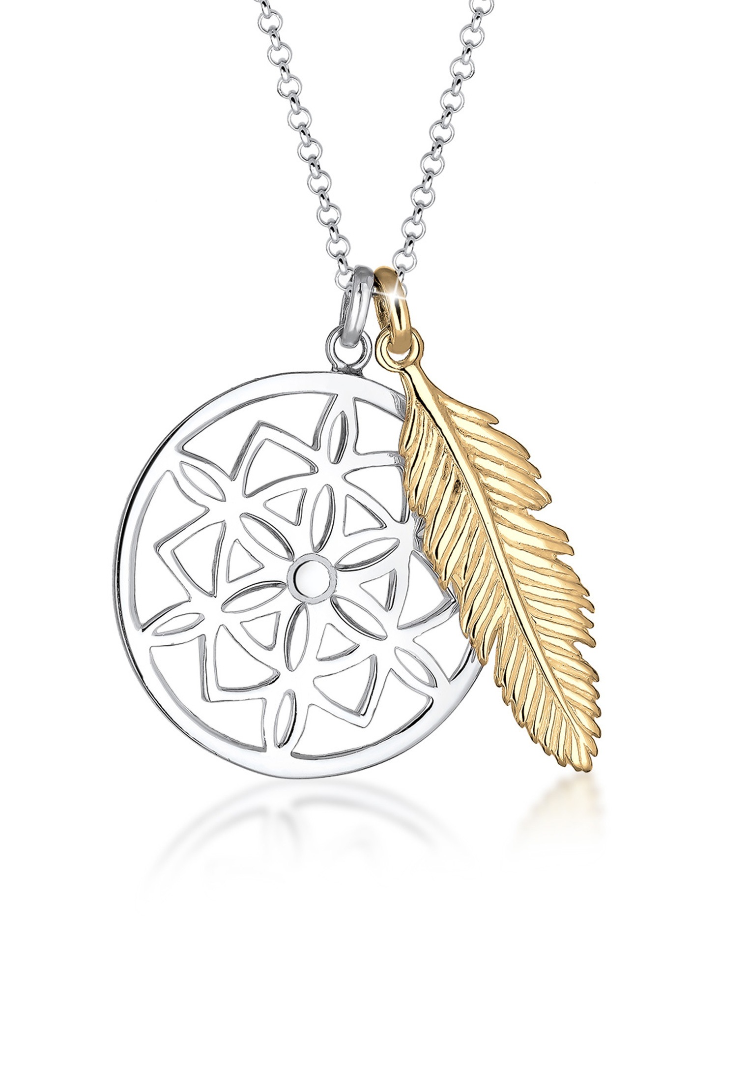 Elli Kette mit Anhänger »Halskette Ornament Feder Anhänger Traumfänger 925 Sterling Silber bicolor«