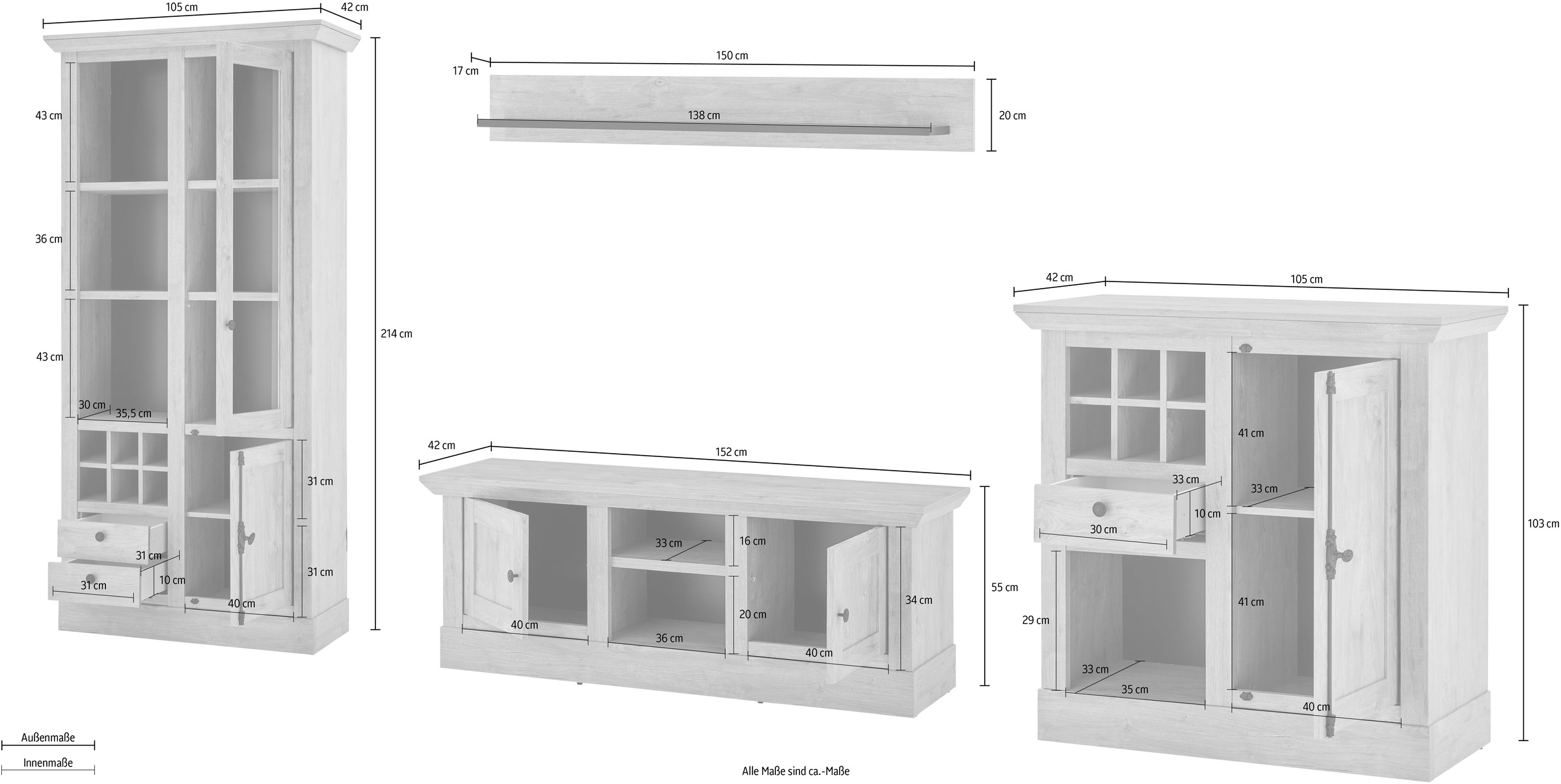 Home affaire Wohnwand »Cornwall, Anbauwand im Landhausstil, Wohnzimmer-Set, Eiche Dekor« Set, 4 Stk. tlg.
