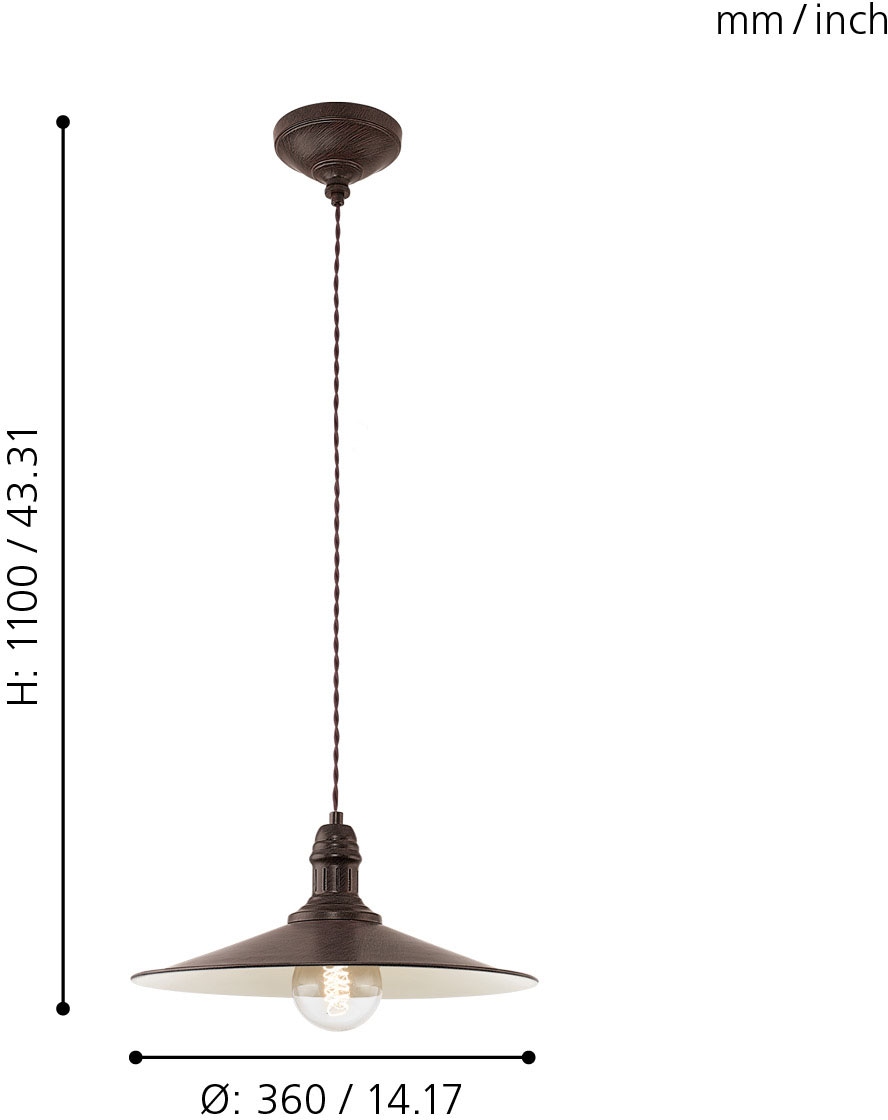 EGLO Hängeleuchte »STOCKBURY Pendellampe, Stahl, E27, Vintage, Wohnzimmerlampe, Lampe«, 1 flammig, Leuchtmittel E27 | ohne Leuchtmittel, Hängeleuchte, Esstisch, H110 x Ø36 cm, antik-braun, beige, 1X60W exkl.