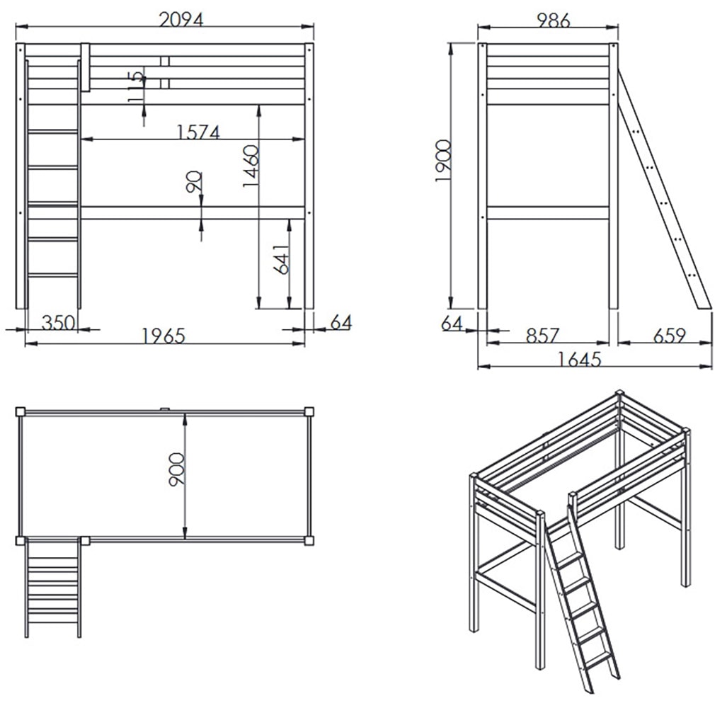 Vipack Hochbett »mit 2 Liegeflächen 90/200 Made in Europe, Kiefer massiv weiß lackiert« (B/H/T ca.209x190x211cm) Leiter schräg angestellt, stabil gebaut,  Raum unter dem Bett kann genutzt werden, Einzelbett separt stellbar