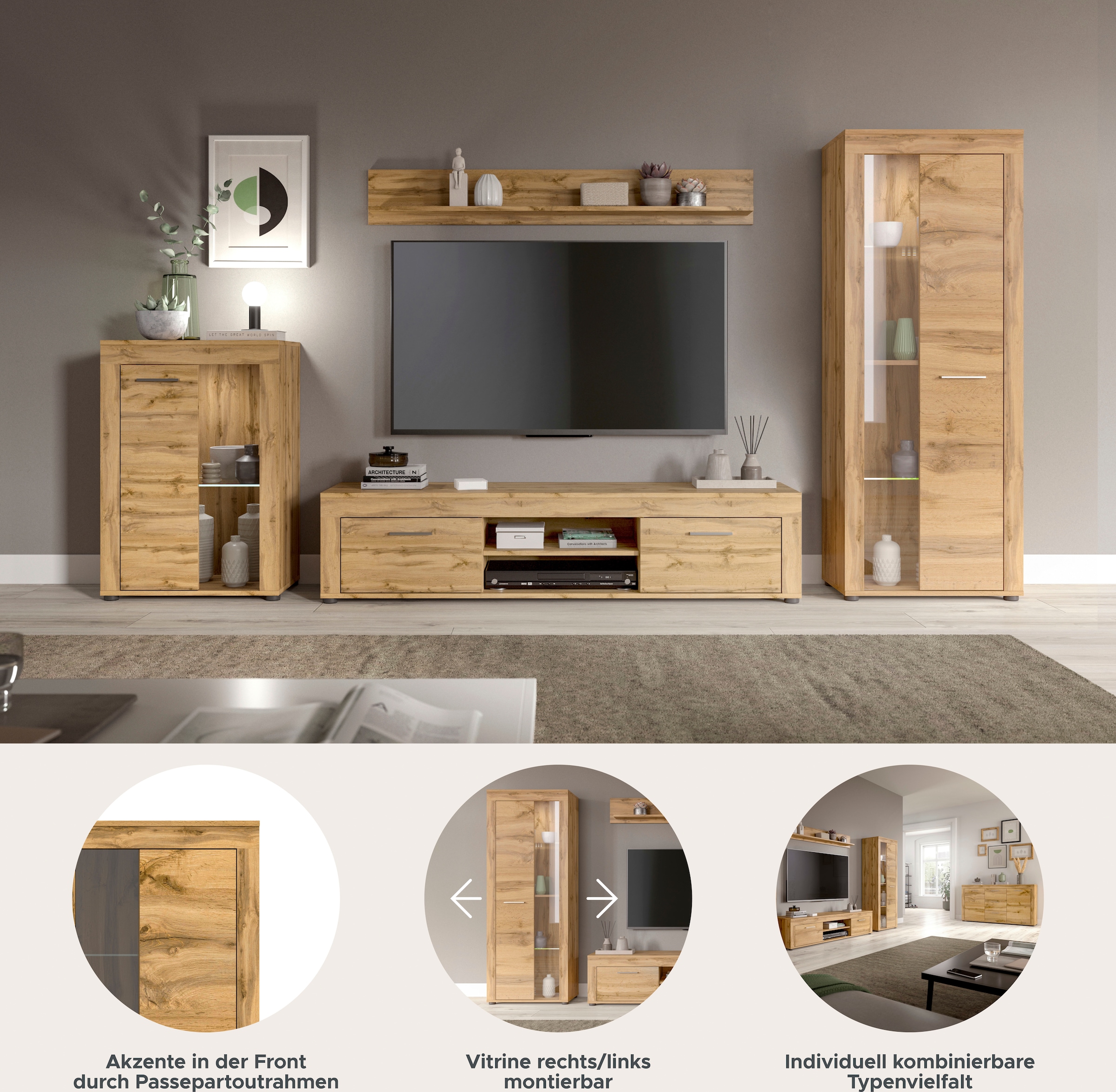 INOSIGN Wohnwand »Aosta, 4-tlg., best. aus: Vitrine, Lowboard, Wandboard & Vitrine hoch«, (4 St.), Wohnwand, Kombination, Anbauwand, Möbel Set, Schrankwand, Möbel Kombi