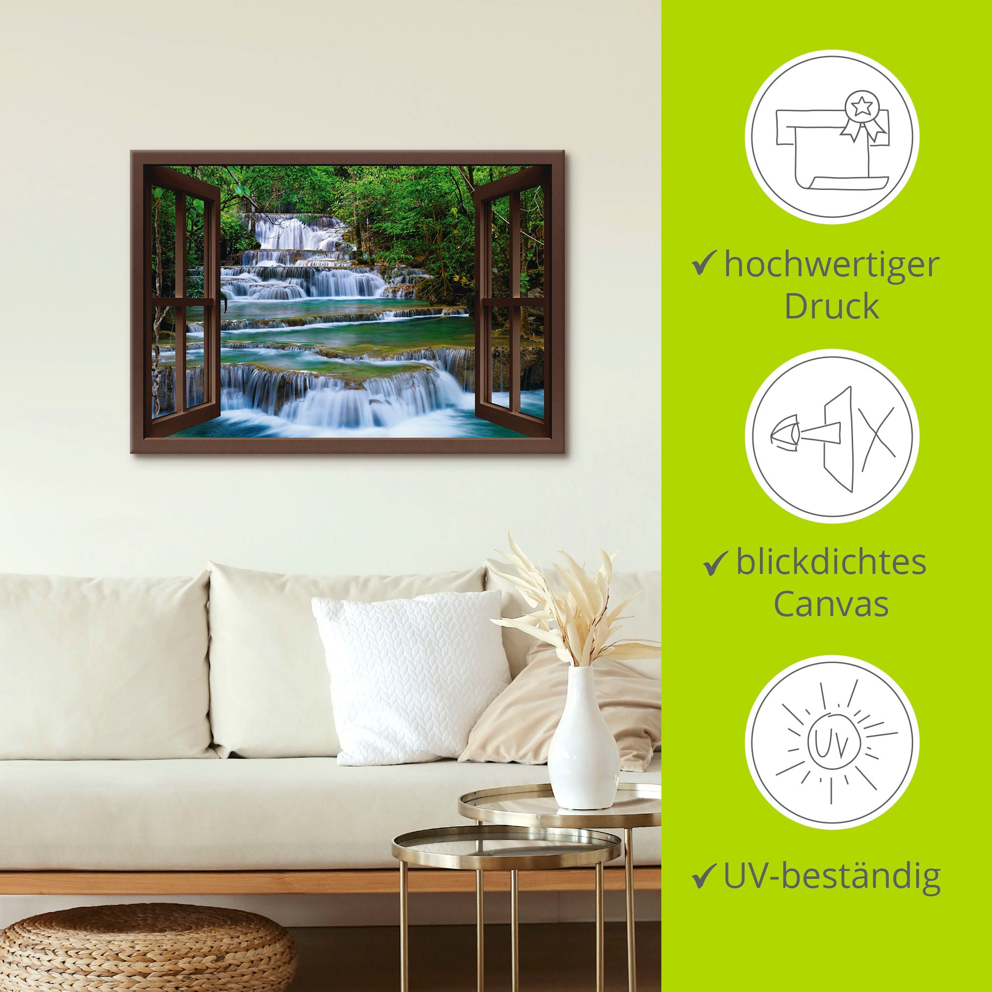 Artland Leinwandbild »Fensterblick Wasserfall in Kanchanaburi« Fensterblick 1 Stk. tlg. auf Holzrahmen gespannt