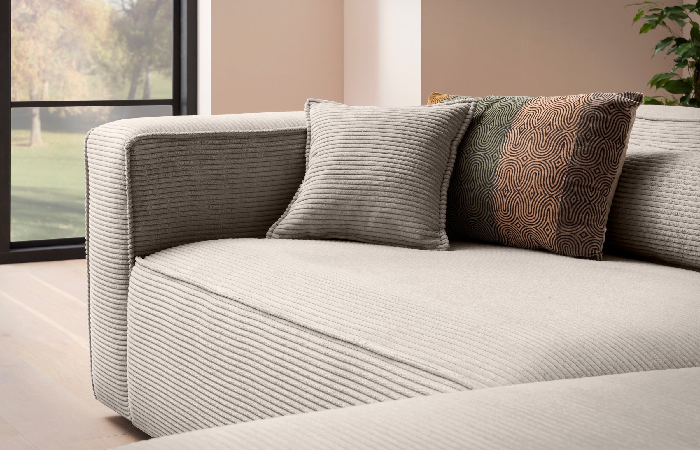 LeGer Home by Lena Gercke Polsterecke »PIARA XXL, L-Form, Schlaffunktion, Cord, Leinenoptik o. Strukturstoff«, Hocker stellbar zum Schlafsofa (Krokodilverbinder), tiefe Sitzfläche