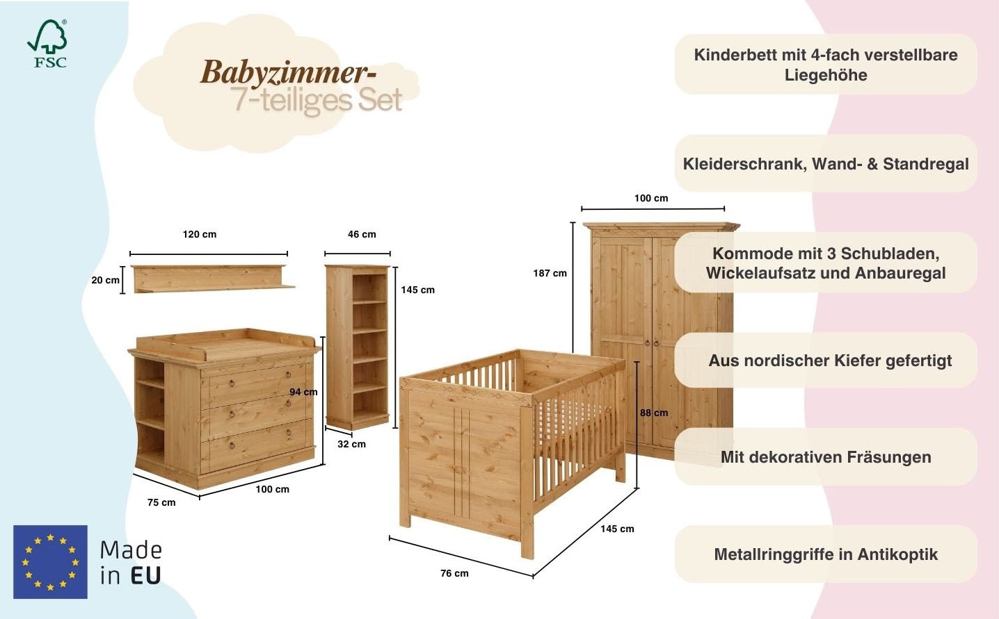 Lüttenhütt Babyzimmer-Komplettset »Indra, FSC® zertifiziertes Massivholz, zum Jugendzimmer umgestaltbar«, (Spar-Set, 7 tlg., Kleiderschrank, Bett, Kommode + Aufsatz, Unterbau-, Wand- & Standregal), aus massiver Kiefer, 7-teilges Set, nachhaltig