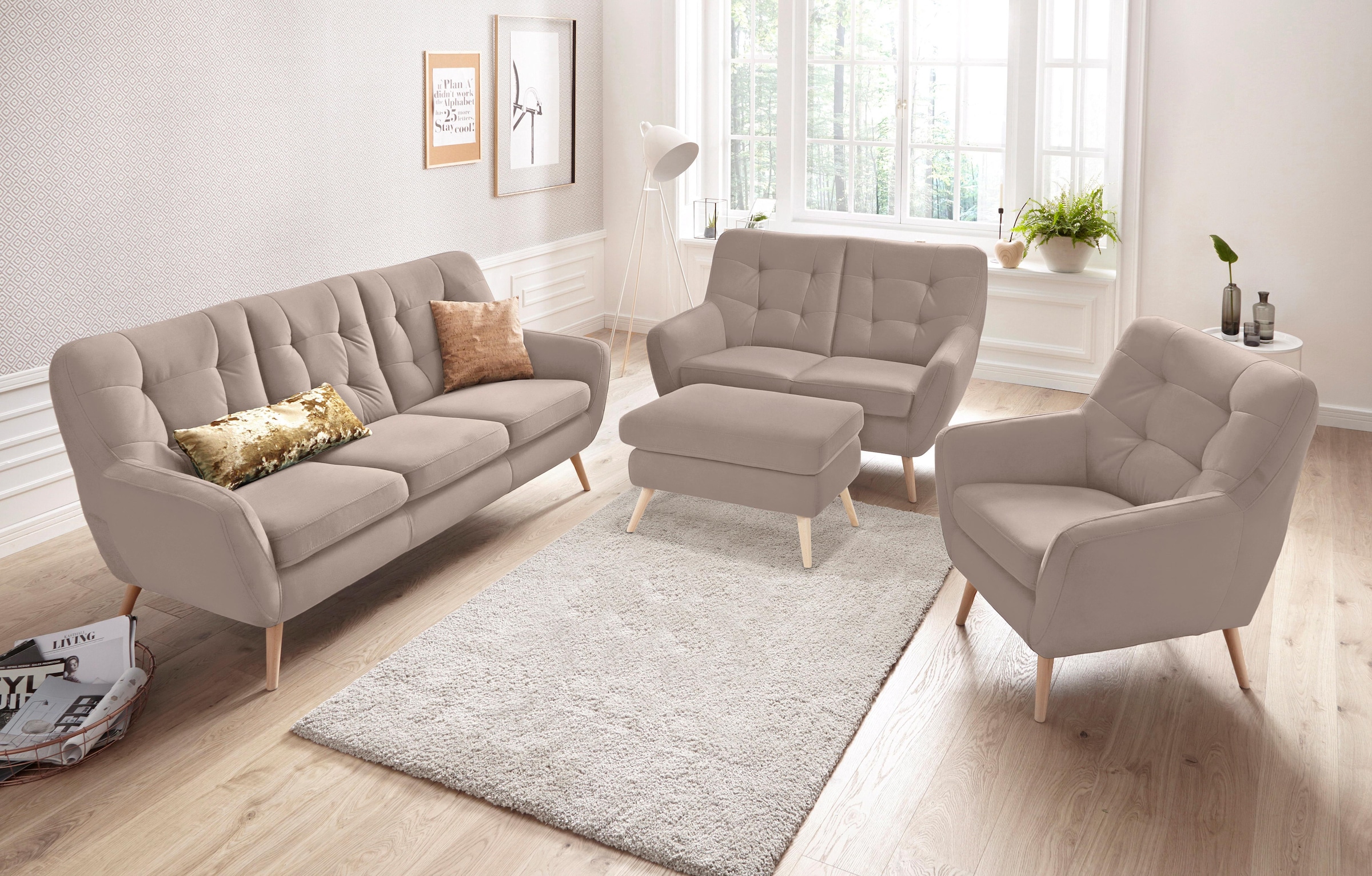 exxpo - sofa fashion Hocker »Scandi bequem und elegant mit hohem Holzfuß«, bequem und elegant mit hohem Holzfuß