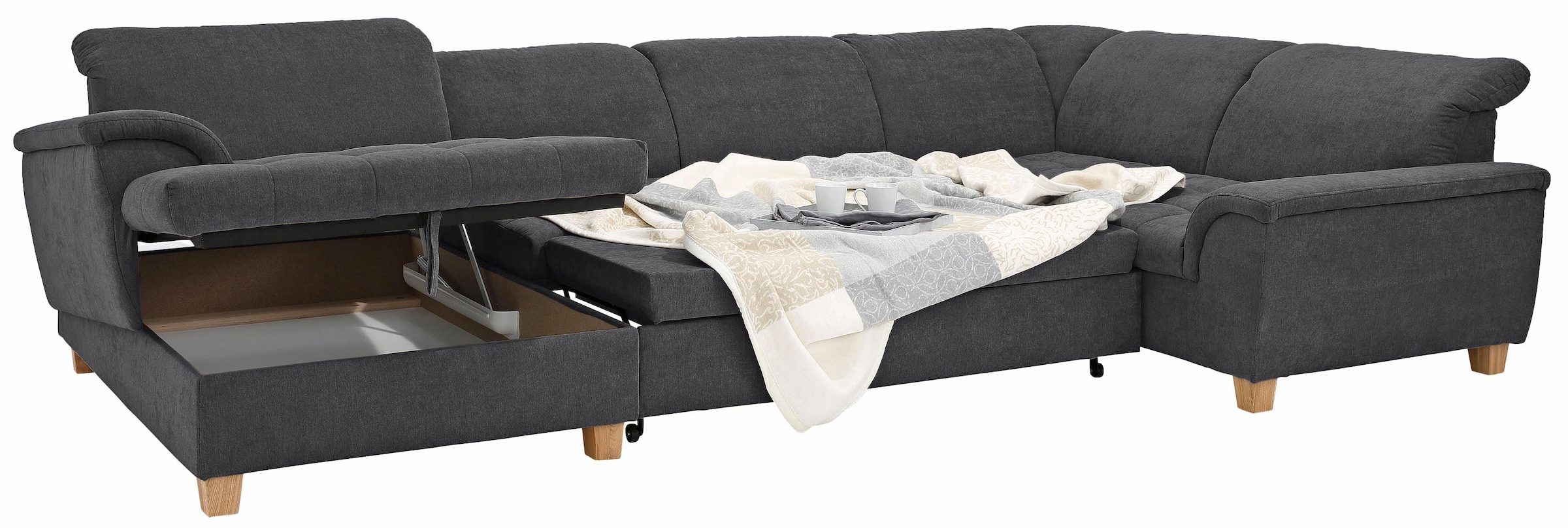 Home affaire Wohnlandschaft »Lyla U-Form«, wahlweise mit Rückenfunktion und zusätzlich mit Bett + Bettkasten