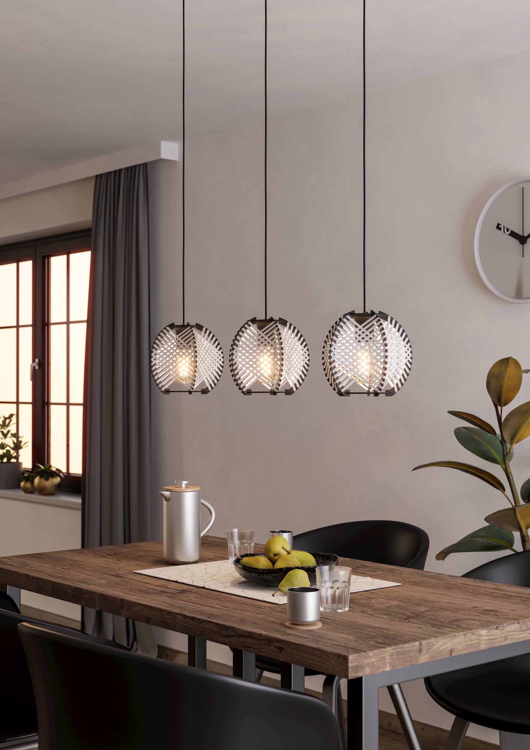 EGLO Hängeleuchte »Waverton Hängelampe, Esszimmerlampe, Metall, Holz, Textil in Weiß, E27« E27 1 Stk. Hängeleuchte - L92 x B22 x H110 cm - schwarz - 3X40W exkl.