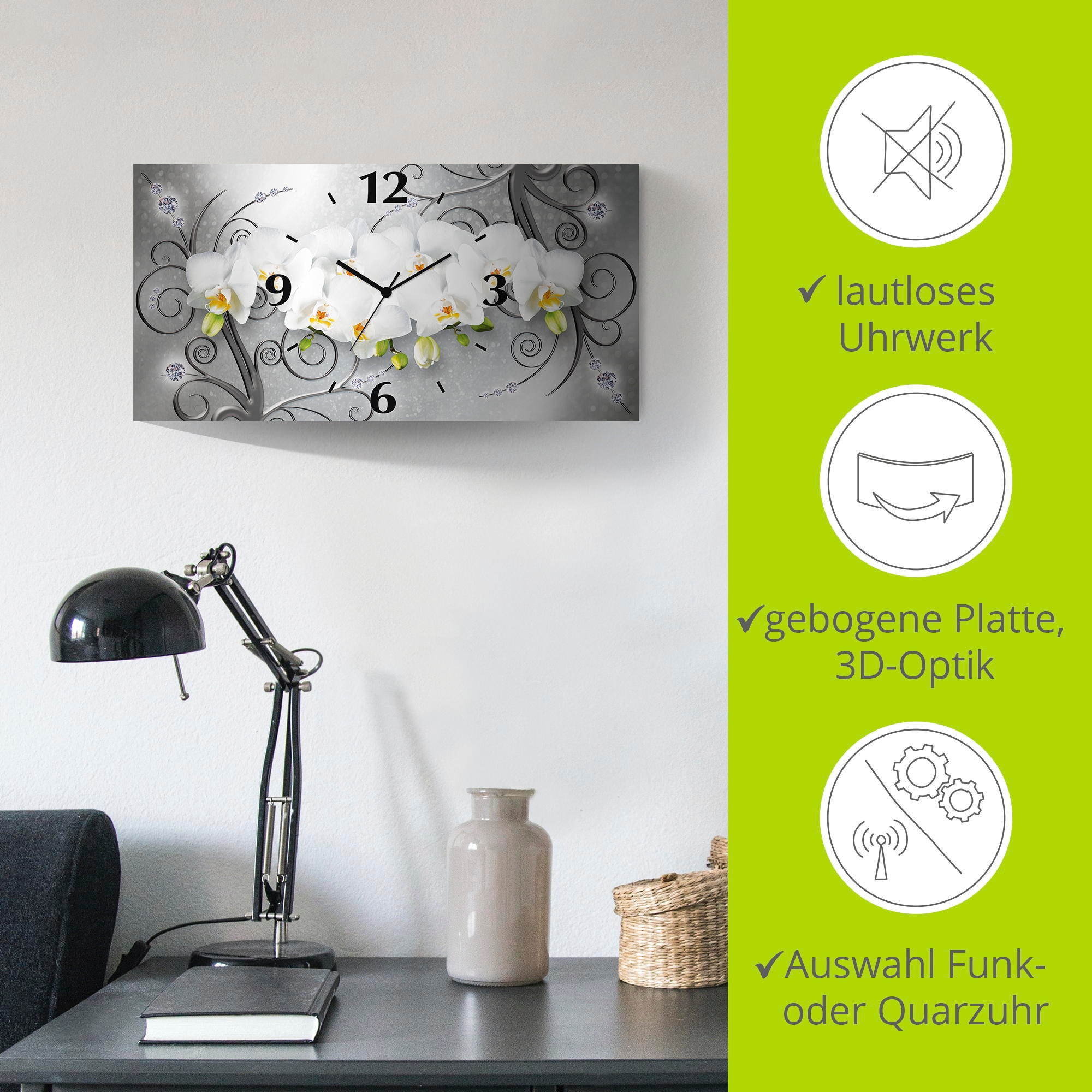 Artland Wanduhr »weiße Orchideen auf Ornamenten«, 3D Optik gebogen, mit Quarz- oder Funkuhrwerk, versch. Größen