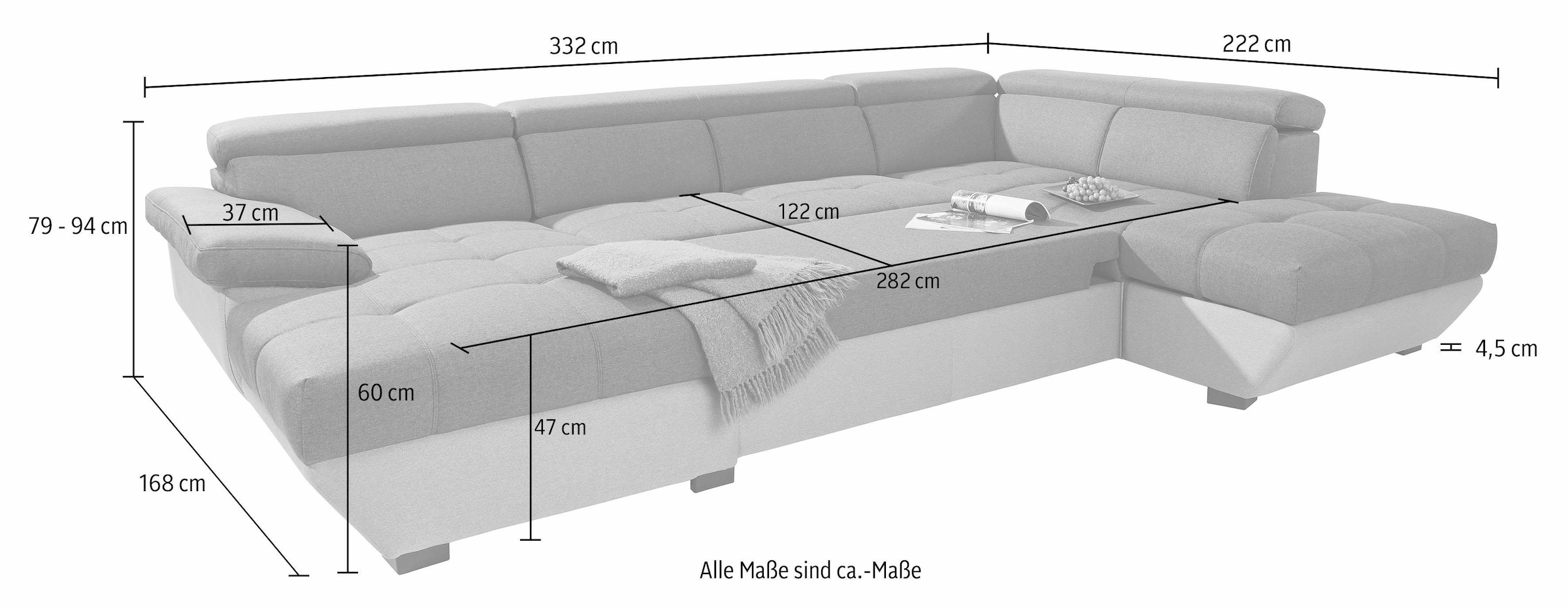 COTTA Polstergarnitur »Speedway U-Form«, (Set), Set bestehend aus: Wohnlandschaft mit Kopfteilverstellung & Hocker