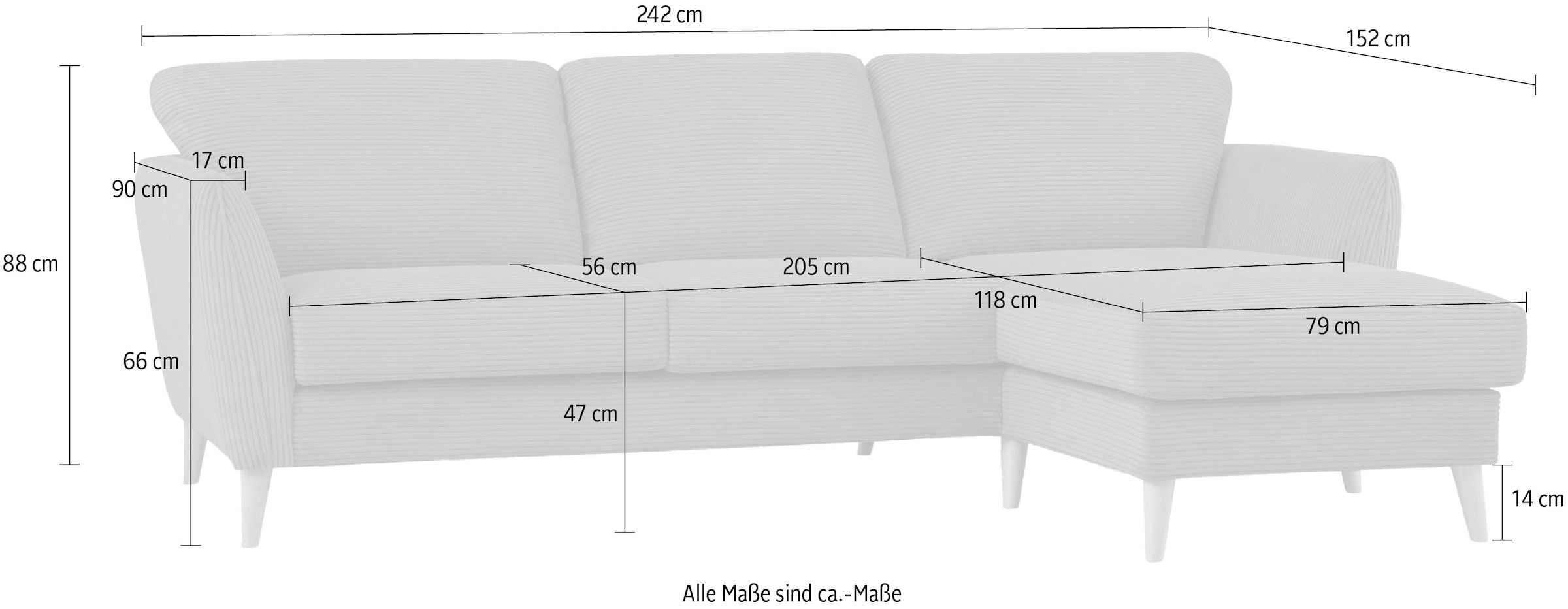 Home affaire Ecksofa »MARSEILLE (242/152cm),L-Form, Rec. rechts/links«, Massivholzbeine aus Eiche, in verschieden Bezügen und Farbvarianten