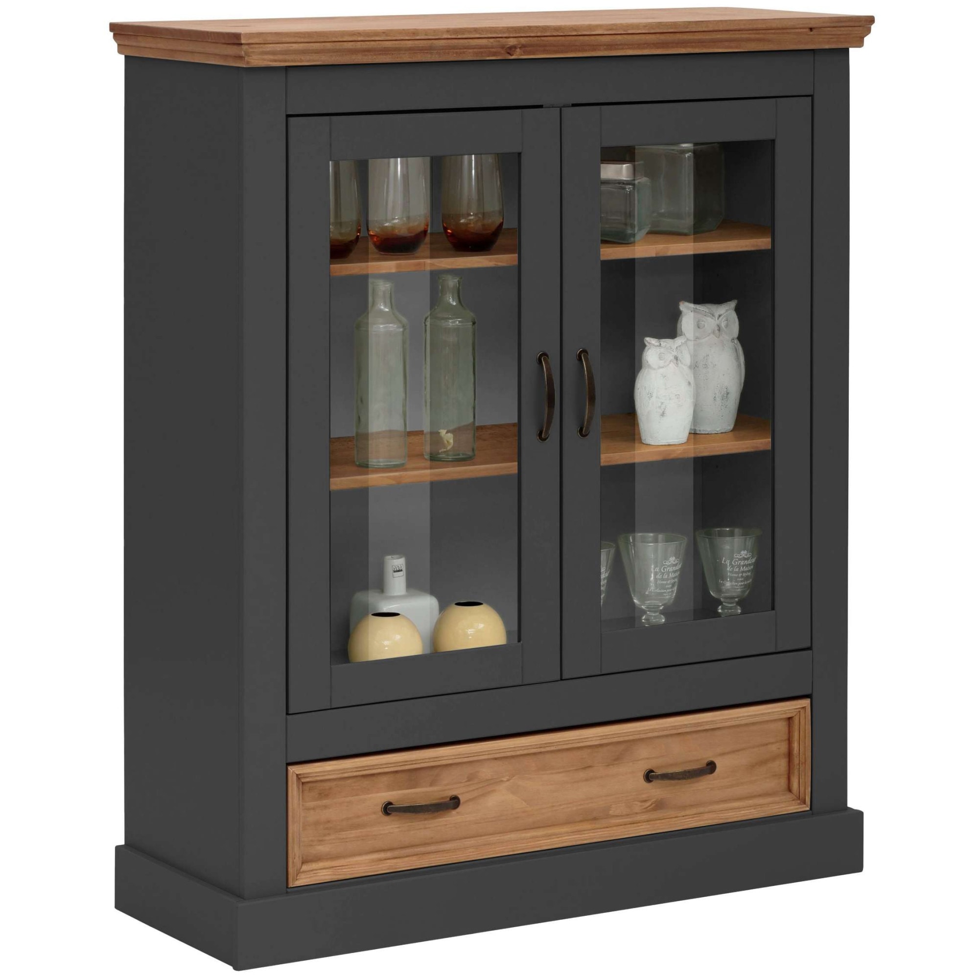 Home affaire Vitrine »Selma Highboard«, aus massivem Kiefernholz, mit Griffen aus antikisiertem Metall