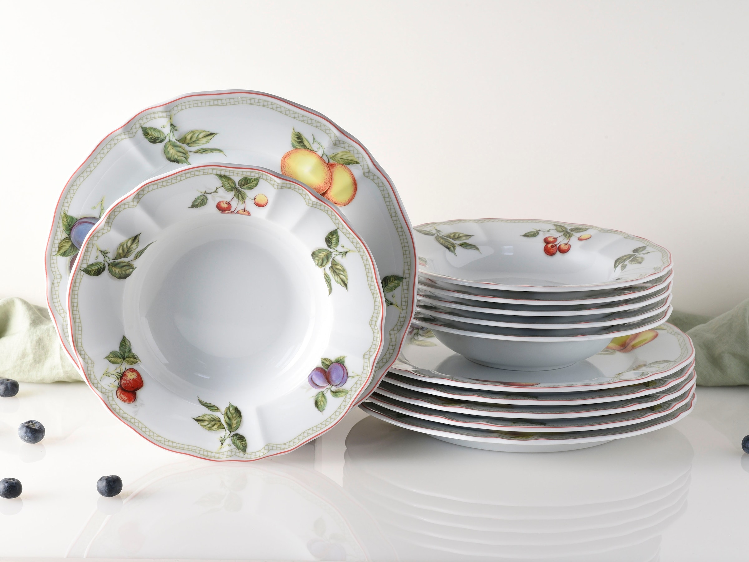 CreaTable Tafelservice "Teller Set, Geschirr-Set Flora Orchard" Service, Früchtedekor, 12 Teile, für 6 Personen