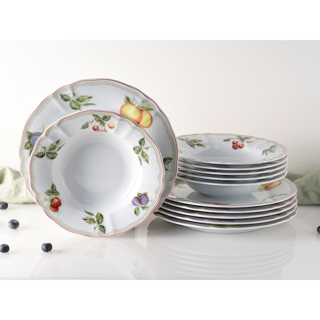 CreaTable Tafelservice »Teller Set, Geschirr-Set Flora Orchard«, (Set, 12  tlg., Teller Set für 6 Personen), Service, Früchtedekor, 12 Teile, für 6  Personen mit 3 Jahren XXL Garantie