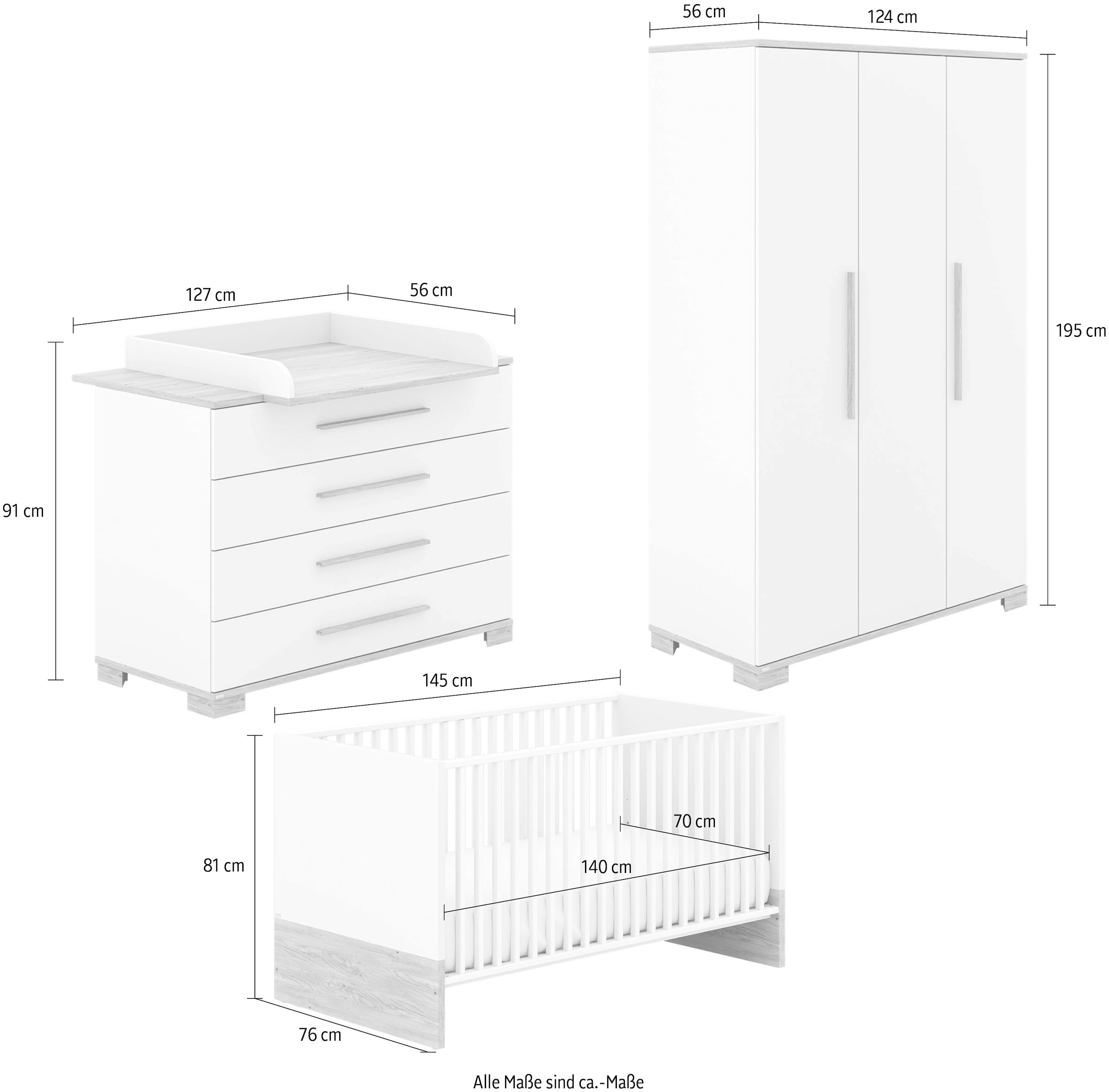 PAIDI Babymöbel-Set »YOLANDA, 4-teiliges Babyzimmer in Weiß, hochwertiges Komplettset« Spar-Set, 70x140cm Babybett, Kleiderschrank 3-türig, Wickelkommode & Aufsatz, 4 tlg. Kinderzimmer, Soft-Close-Funktion, mitwachsendes Bett inkl. Lattenrost