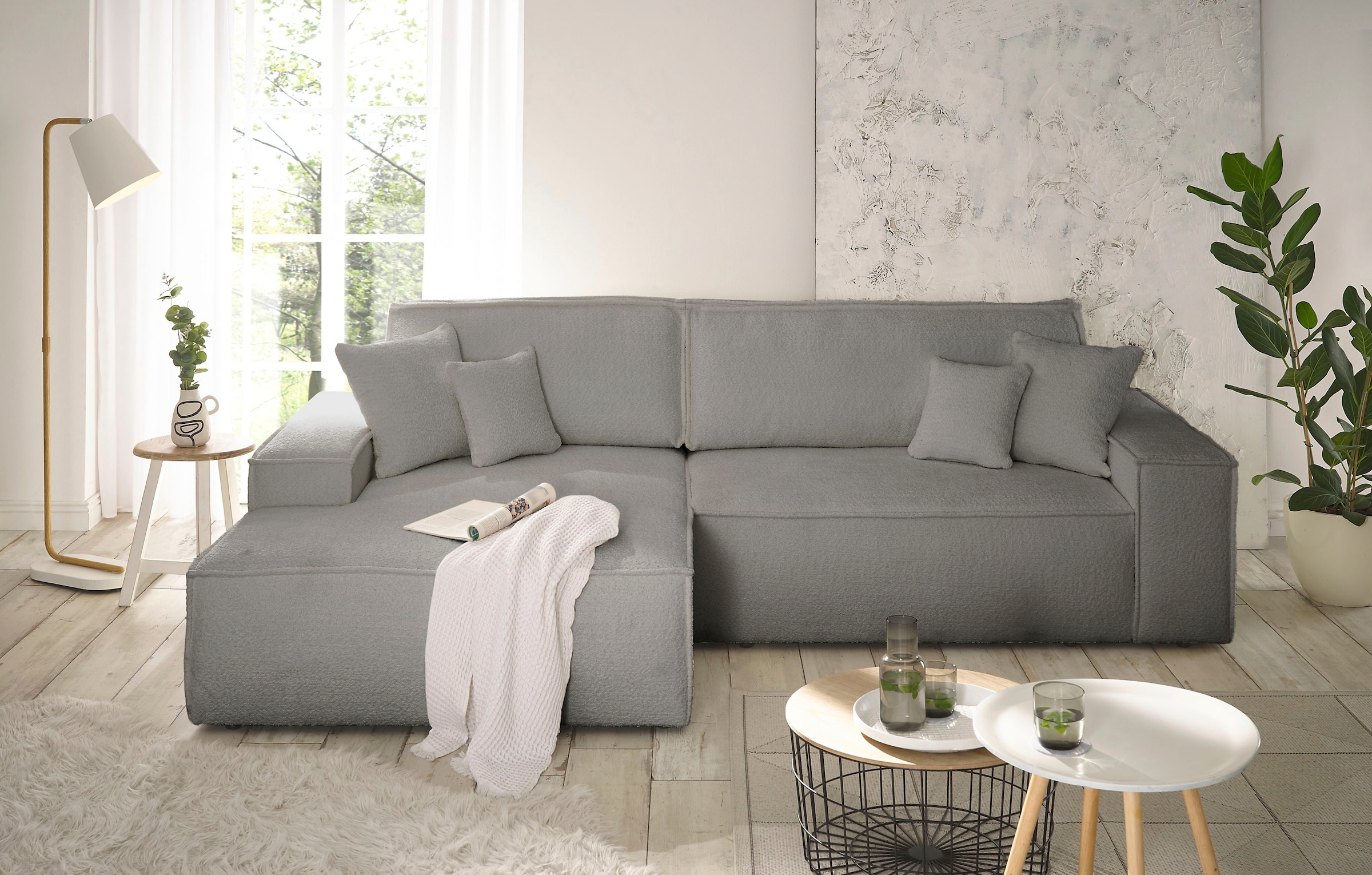 andas Ecksofa »Finnley Schlafsofa 267 cm in Bouclé, Struktur fein u. Cord, L-Form,«, Schlaffunktion m. Bettkasten (136/210 cm), Bouclé, Struktur und Cord