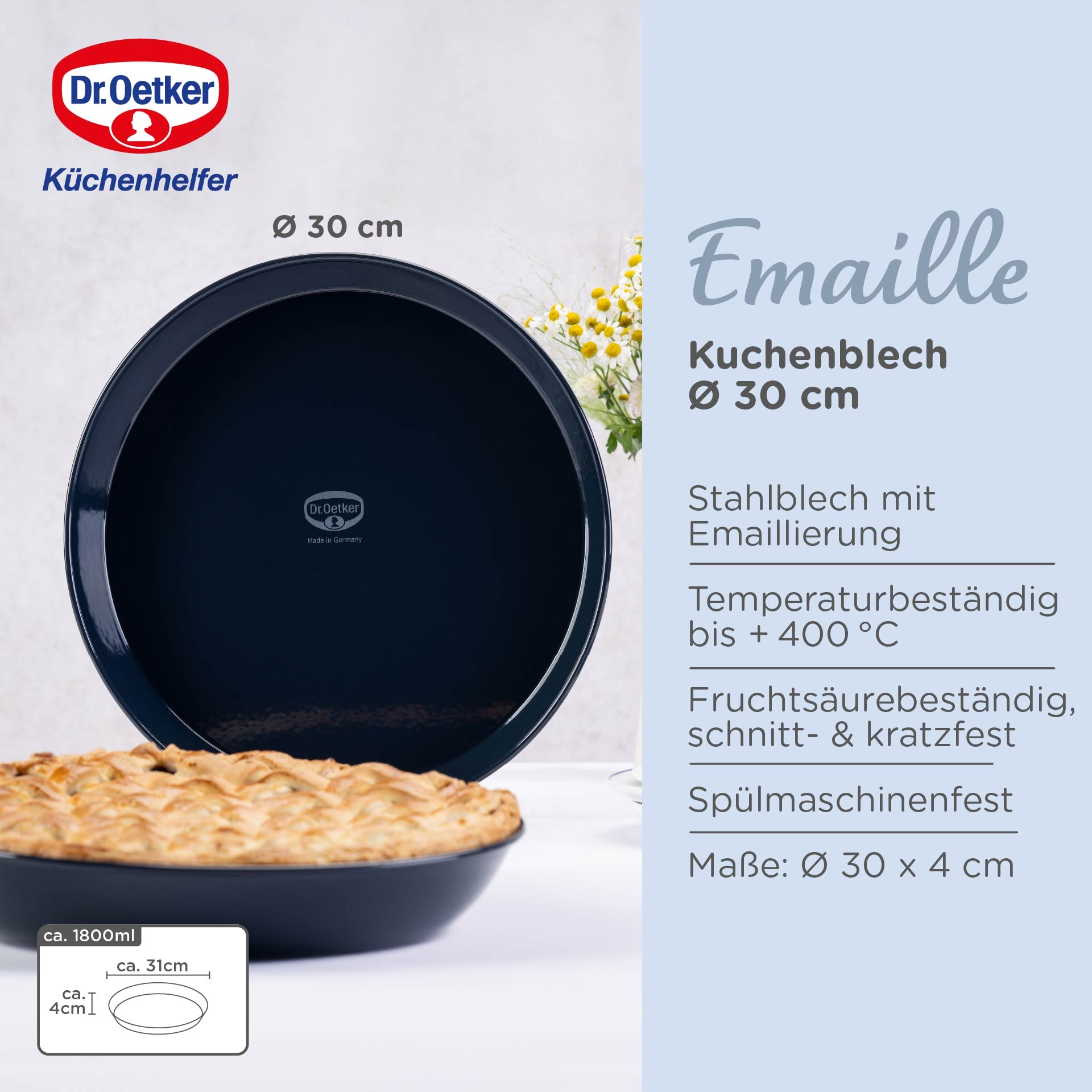 Dr. Oetker Küchenhelfer Kuchenblech »Back-Liebe Emaille, 30 cm« Emaille 1 Stk. tlg. Schnitt- & kratzfeste Backform mit Emaille & Antihaft-Beschichtung