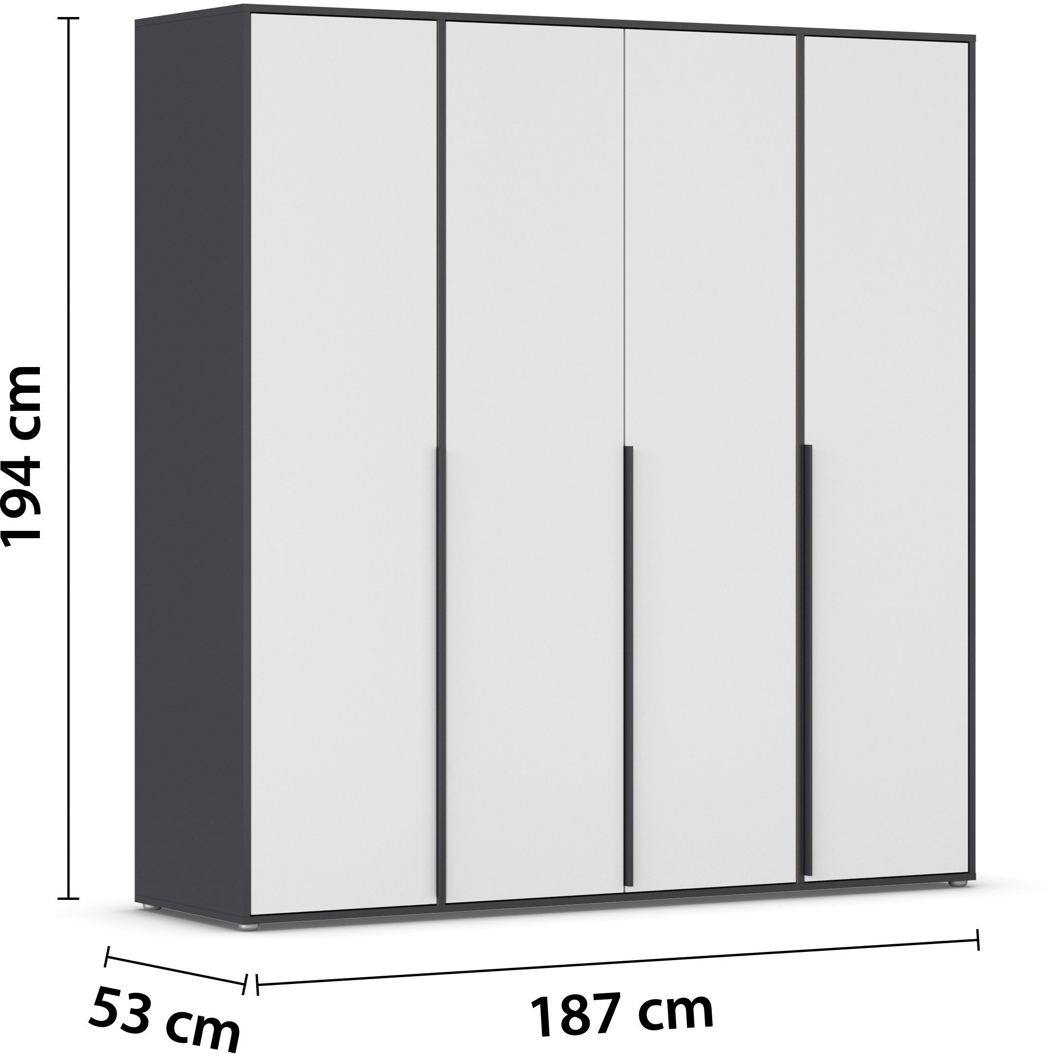 rauch Drehtürenschrank »Kleiderschrank Schrank Garderobe Wäscheschrank NAGATA viel Stauraum«, (in 3 verschiedenen Ausstattungen BASIC/CLASSIC/PREMIUM), mit modernen Stangengriffen in Graumetallic TOPSELLER MADE IN GERMANY