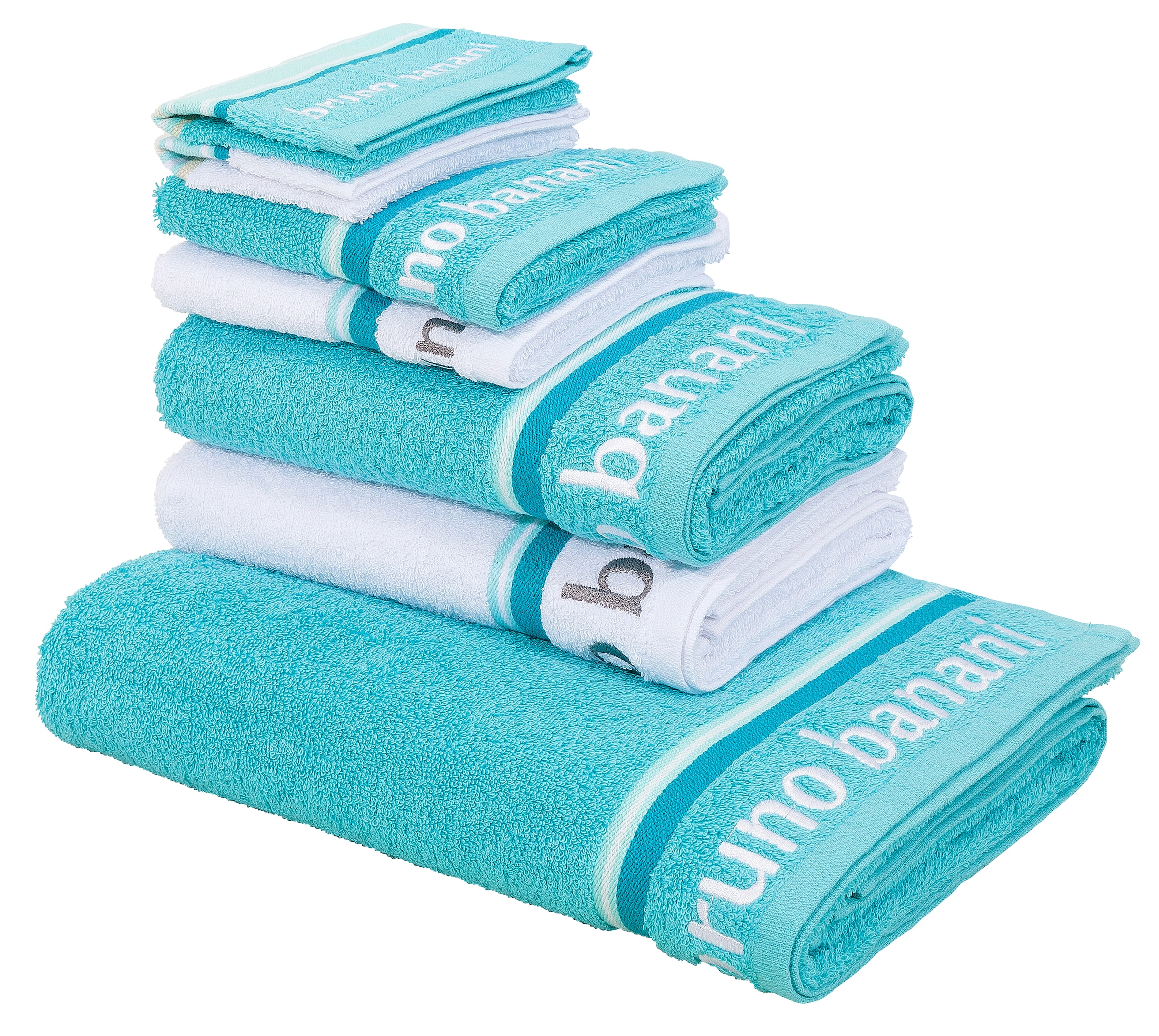 Bruno Banani Handtuch Set »Maja«, (Set, 7 St., 1 Duschtuch 70 x 140 cm-2 Handtücher 50 x 100 cm-2 Gästetücher 30 x 50 cm-2 Waschhandschuhe 16 x 21 cm), mit Bordüre und Markenlogo, 7 teiliges Handtücher Set, 100% Baumwolle