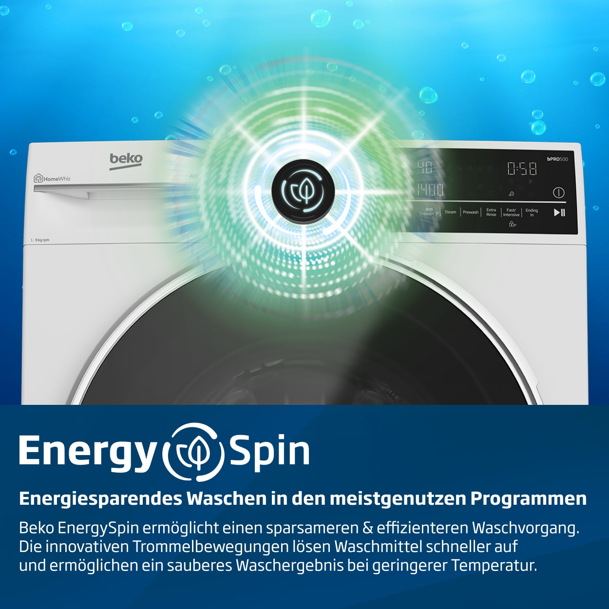 BEKO Waschmaschine »BM3WFU41041W«, 10 kg, 1400 U/min, Waschen mit EnergySpin: Bis zu 35 % Energie sparen – nicht nur in Eco