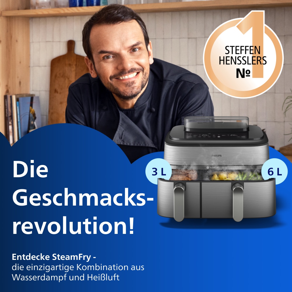 Philips Heißluftfritteuse »NA555/00 Steam Airfryer 5000 Series Dual Basket, 9L Kapazität (3L+6L)« 2750 W mit Dampfgar-Funktion; Silber/Edelstahl