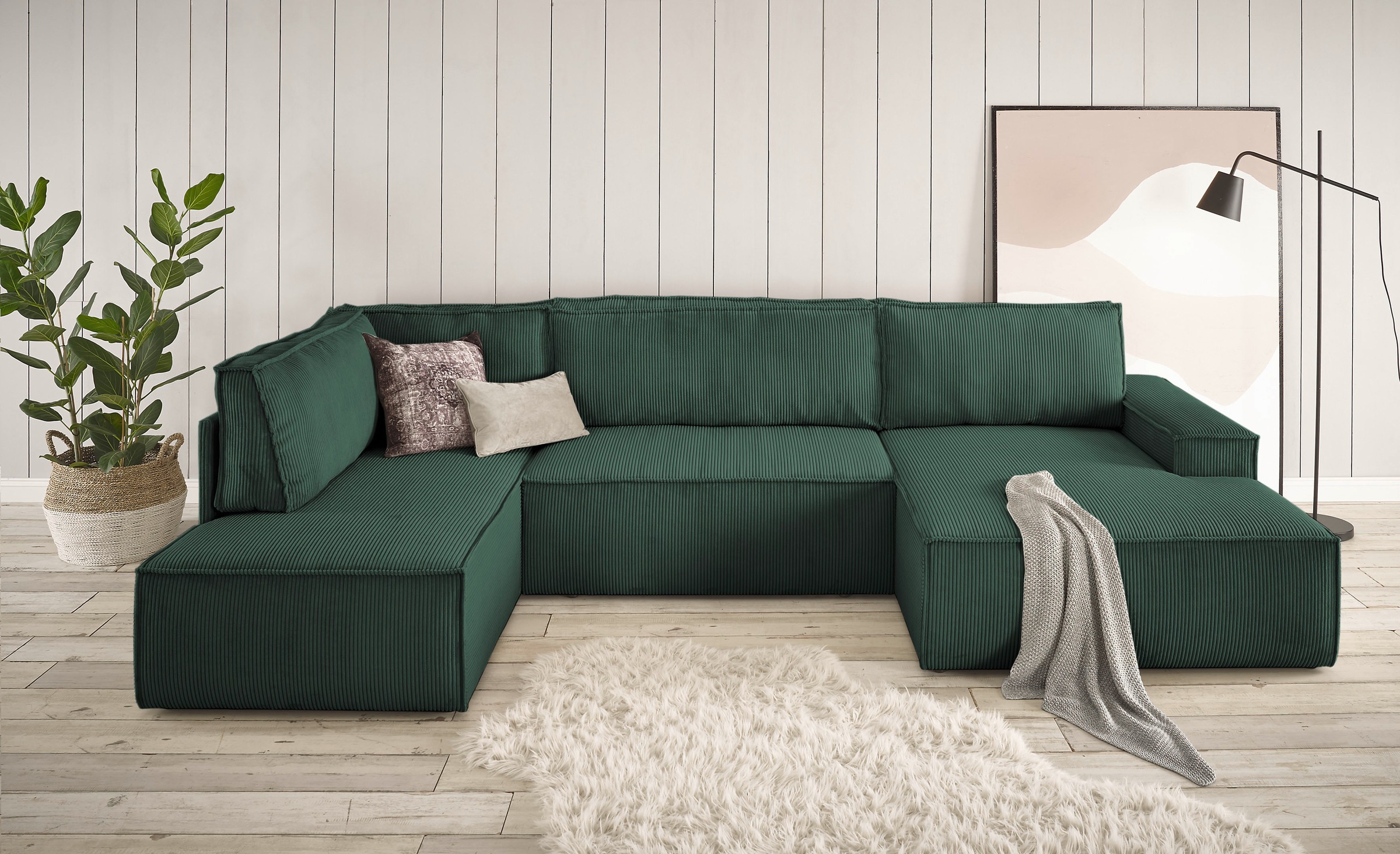 Home affaire Wohnlandschaft »SHERWOOD 329 cm, U-Form, Schlafsofa,«, Schlaffunktion m. Bettkasten (194x139 cm), Cord, Vintage, Samtvelours