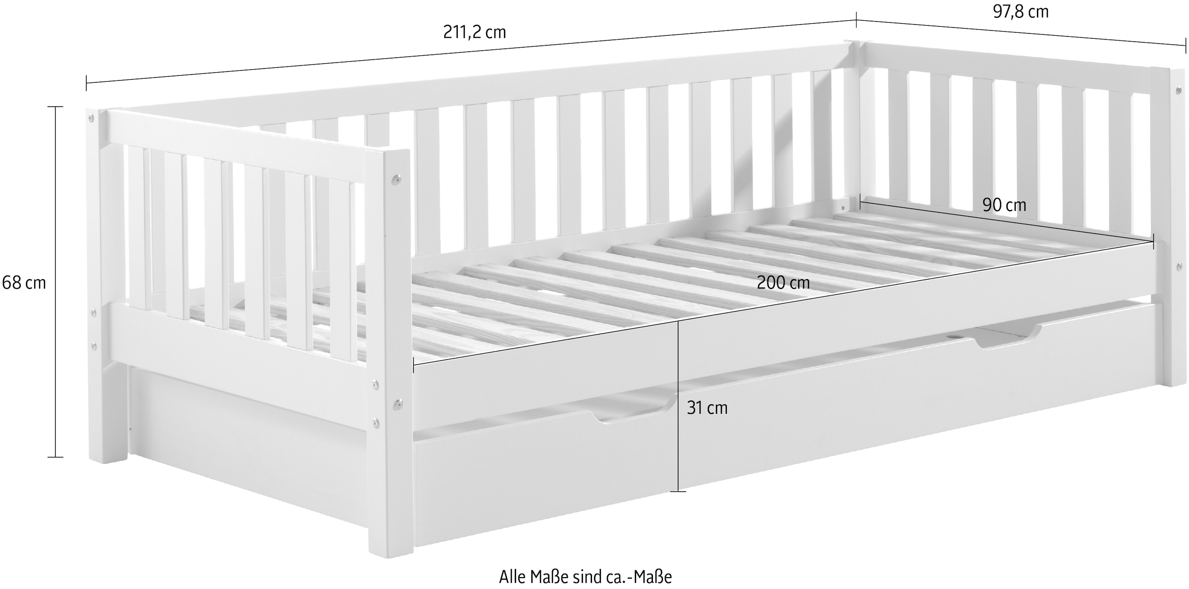 Vipack Einzelbett »Sprossenumrandung, Kiefer massiv, stabil gebaut und zeitloses Design«, (B/H/T ca. 211,2x68x97,8cm, Ausf. Milky Pine oder Weiß), inkl. Rolllattenrost, mit oder ohne Bettschublade