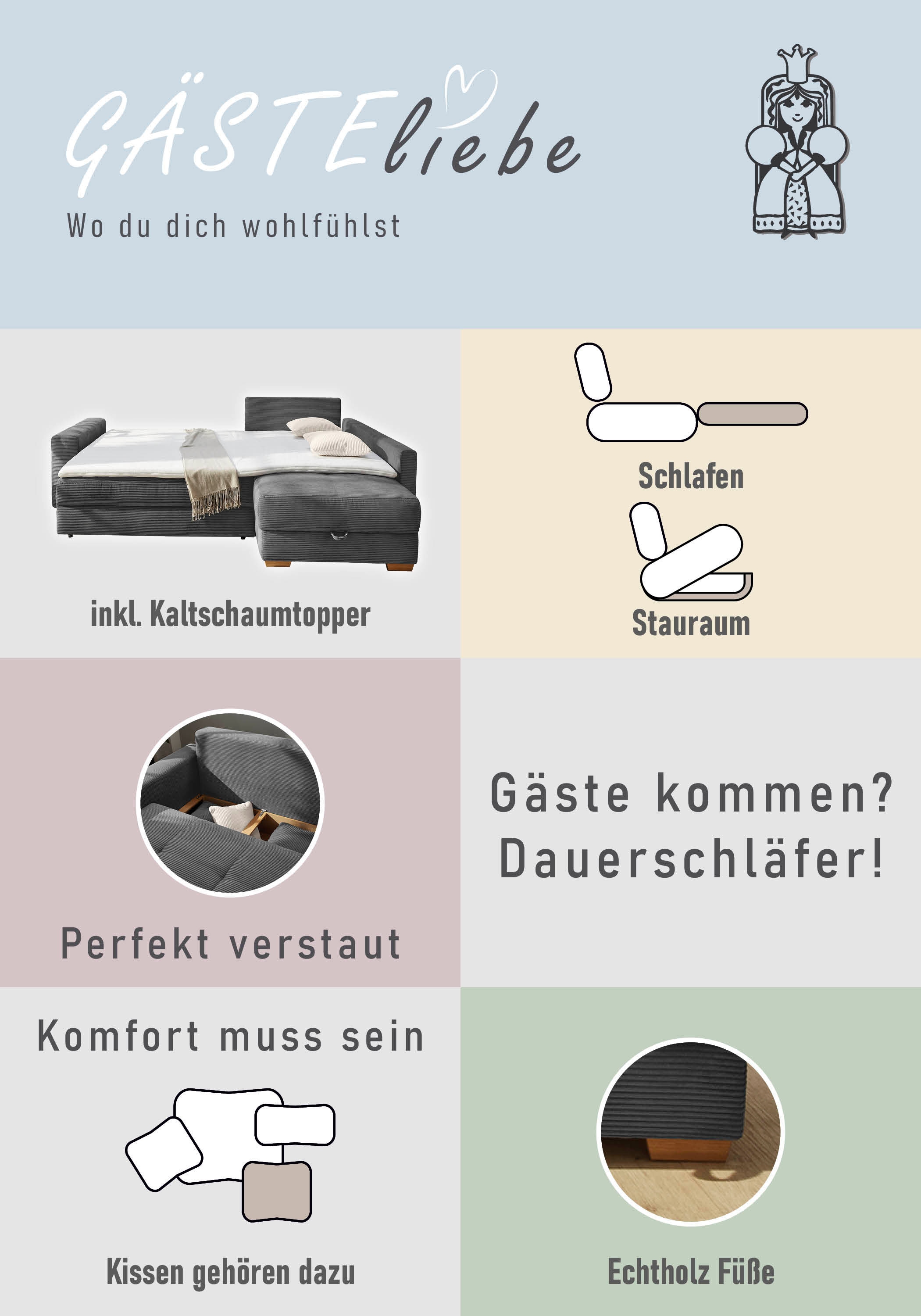 Jockenhöfer Gruppe Ecksofa »Sunset, Dauerschlafsofa mit«, Tonnentaschen-Federkern, 5cm Kaltschaumtopper, flexible montierbar