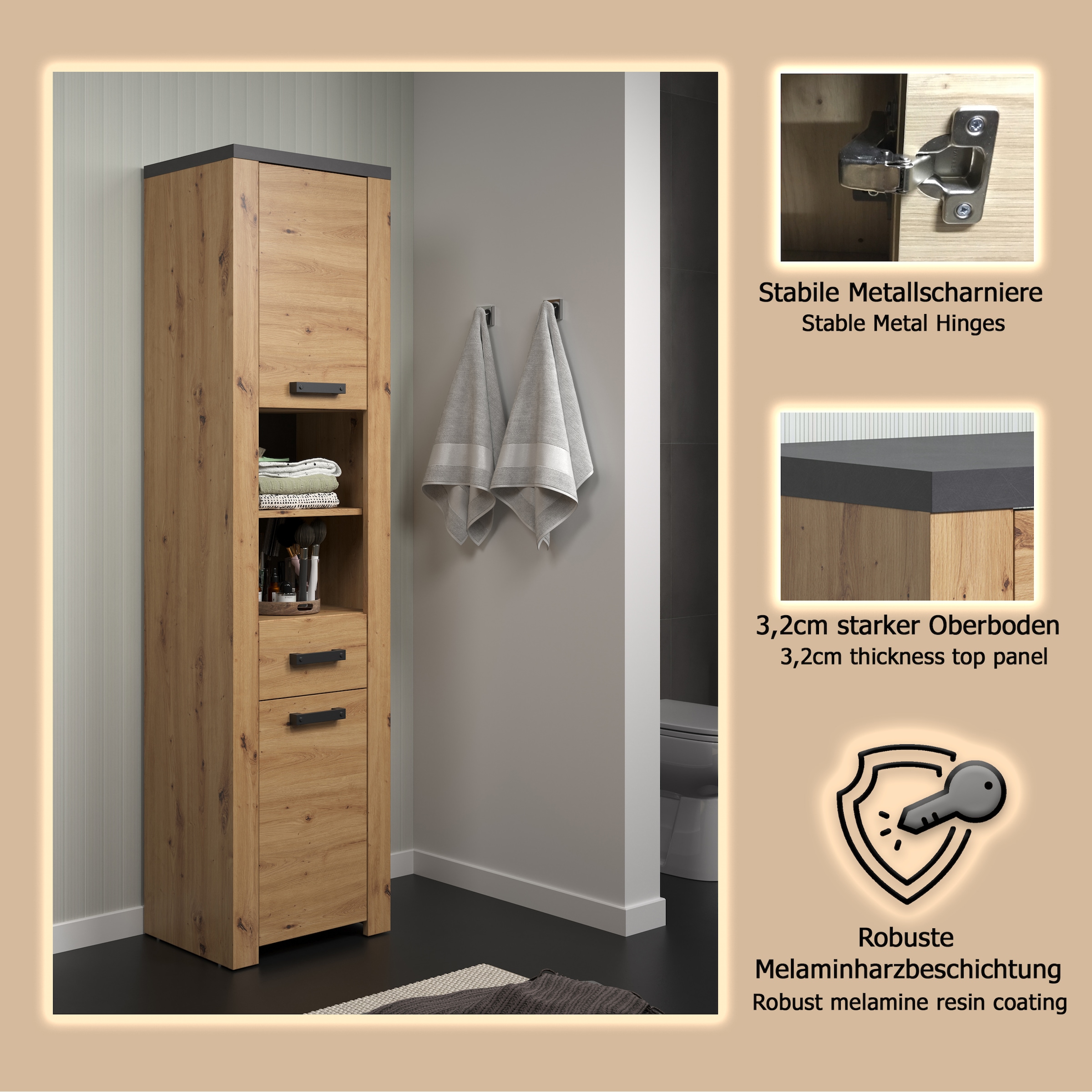 welltime Hochschrank »Ambres« 1 Stk. tlg. Hochschrank mit Soft-Close Funktion - (B/T/H) 53/35/196 cm