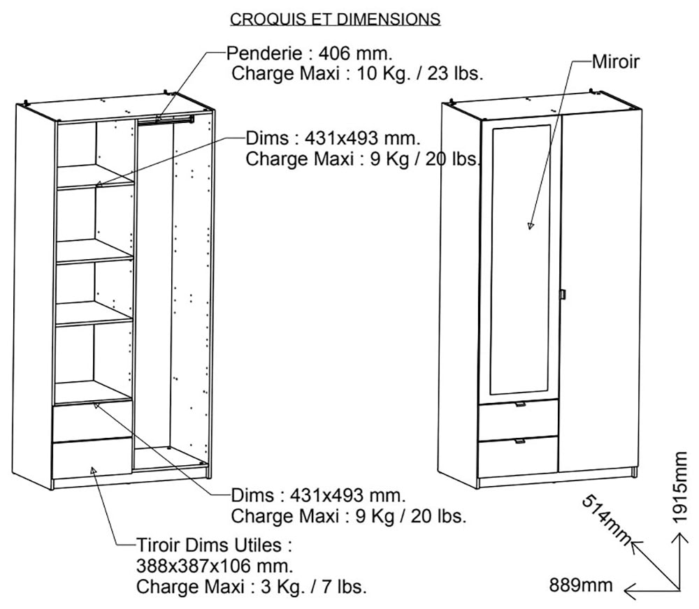 Demeyere GROUP Kleiderschrank »Mellie« SCHRANK 2-TUERIG 1 SPIEGEL  2 SCHUBLADEN