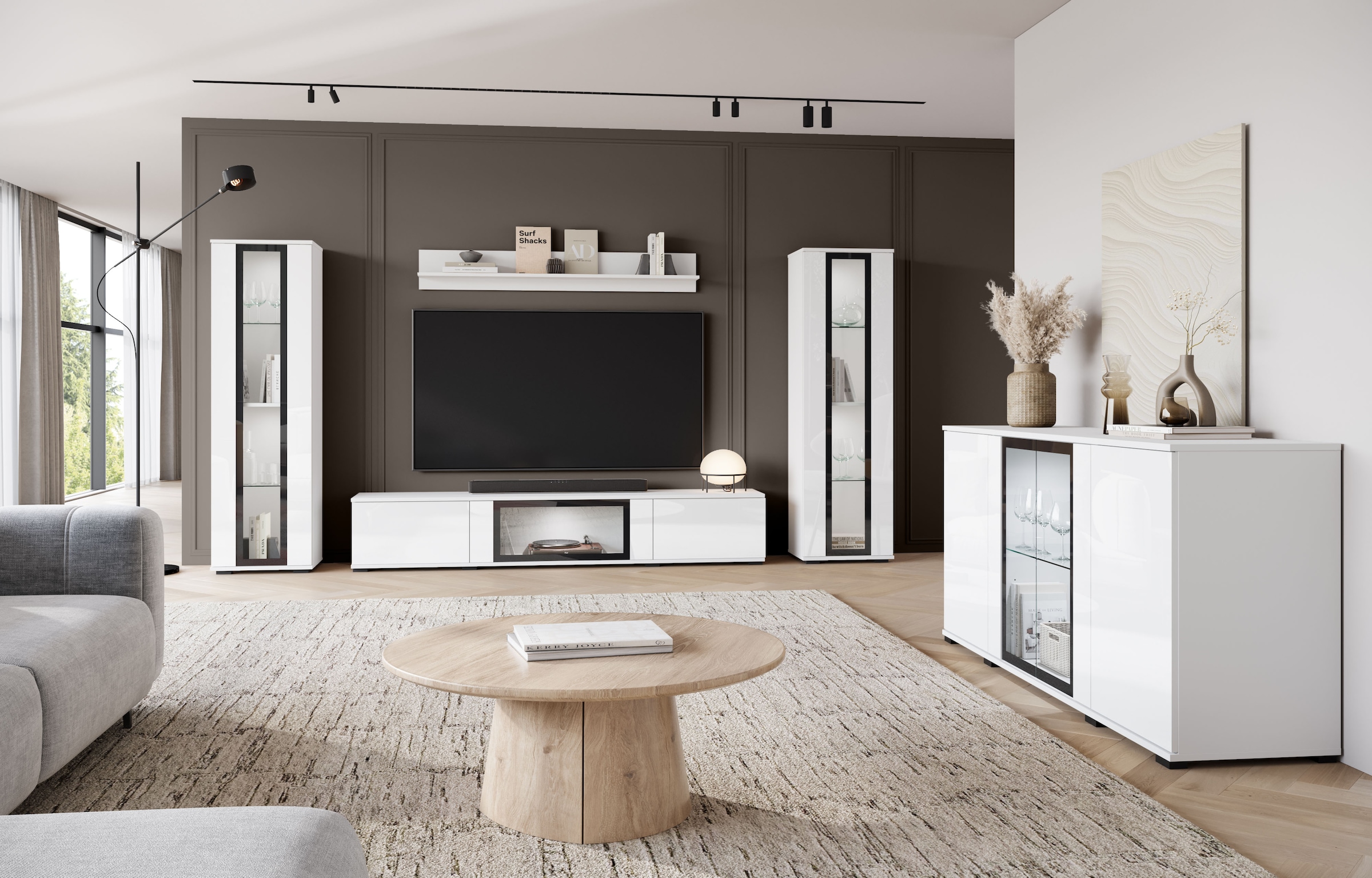 INOSIGN Sideboard »Caro, modernes Design mit Glaseinsätzen, Breite 150 cm«, (1 St.), Grifflose Fronten mit Push-to-Open, höhenverstellbare Einlegeböden