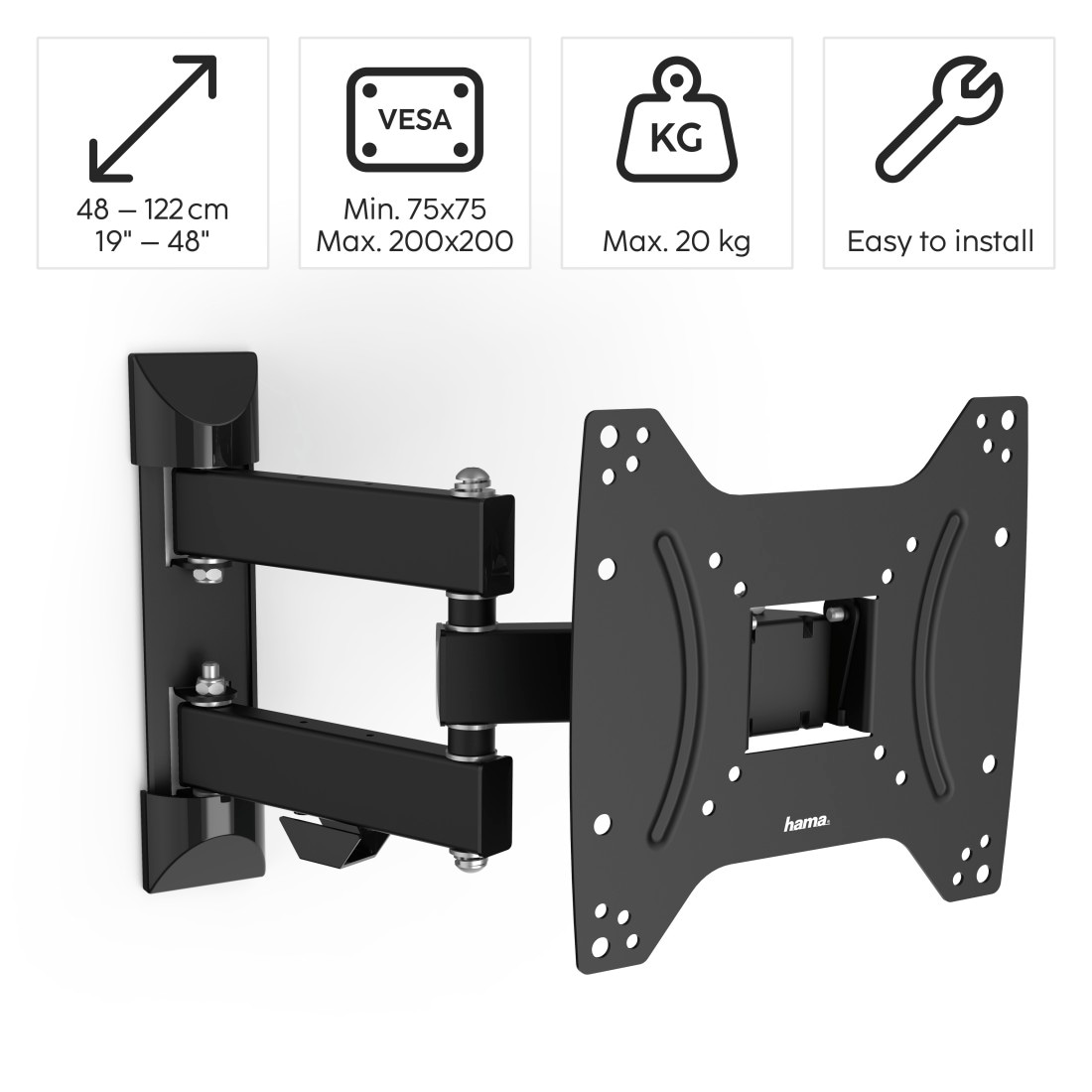 Hama TV-Wandhalterung »Halterung, schwenkbar, neigbar, ausziehbar von 48 - 122 (19" - 48")« bis 122 cm Zoll max. 20 kg