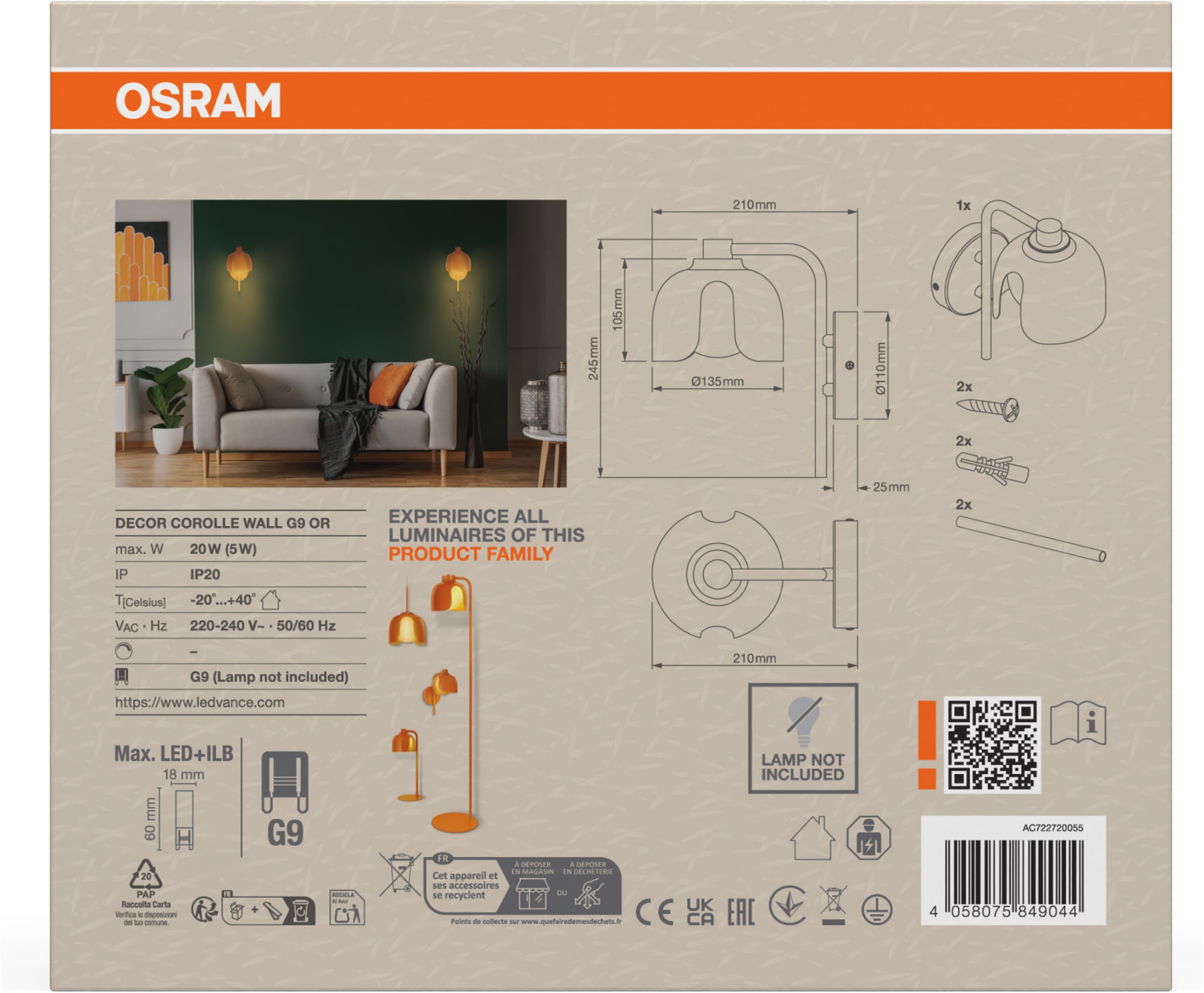 Osram Wandleuchte »Decor Corolle« G9 1 Stk. Fassung G9, Stahl und Glas