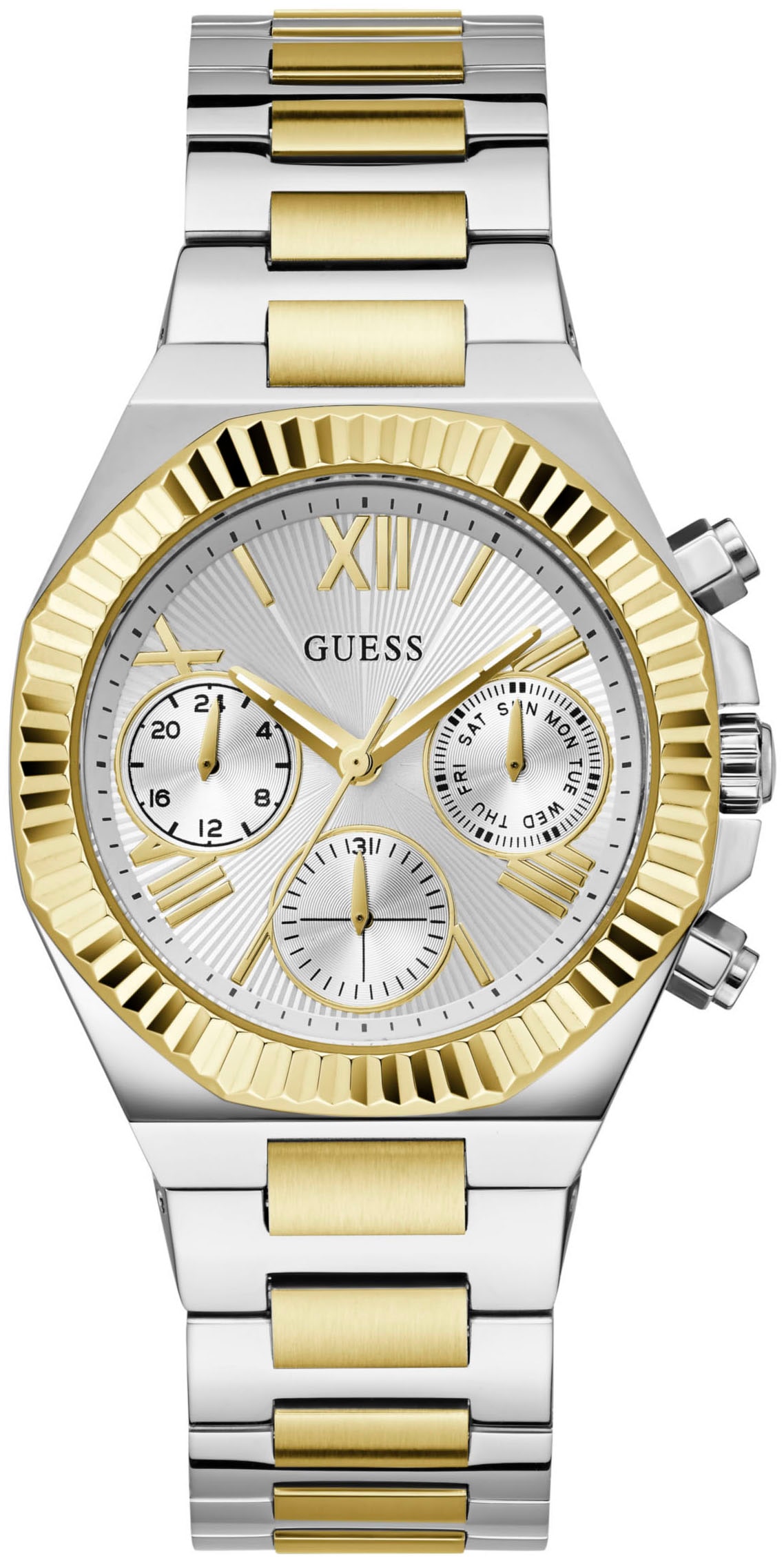 Guess Multifunktionsuhr »EQUALITY«, Quarzuhr, Armbanduhr, Damen, Herren, unisex, Datum, Edelstahlarmband